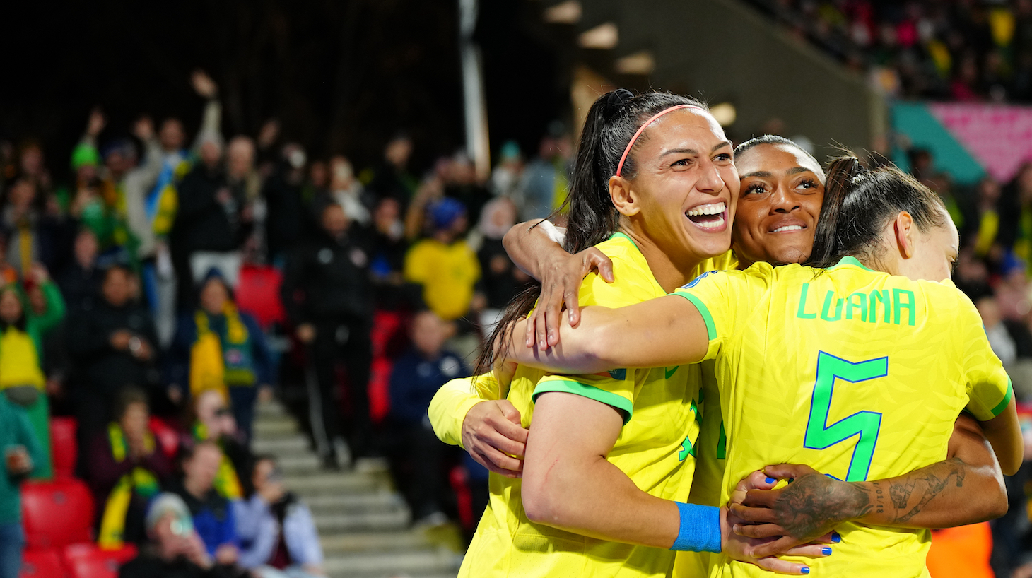 Bia Zaneratto of Brazil celebrates after scoring her team's third goal during during the FIFA Women's World Cup Australia &amp; New Zealand 2023 Group F match between Brazil and Panama at Hindmarsh Stadium on July 24, 2023 in Adelaide, Australia.