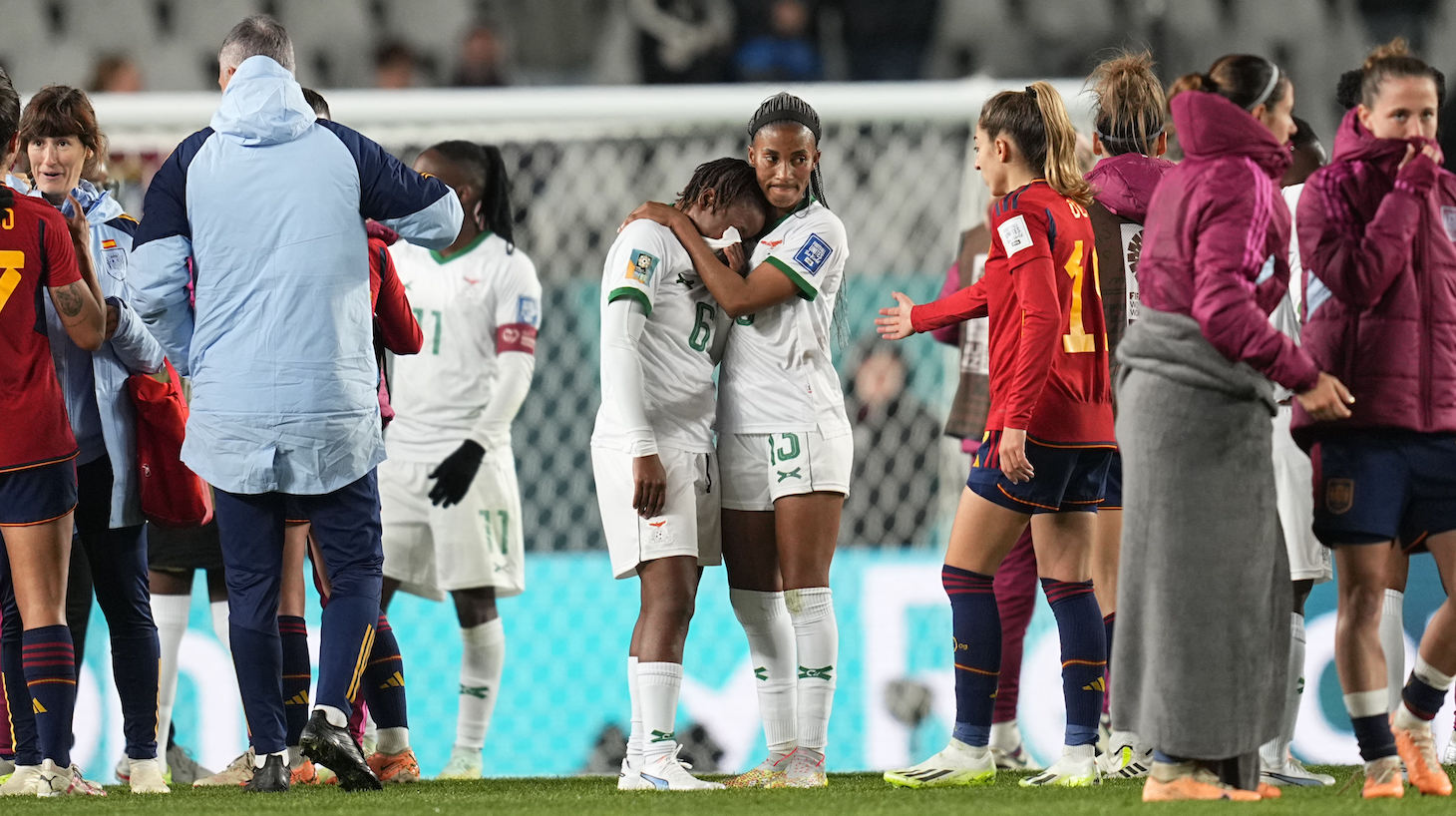 Mary Wilombe of Zambia post game despair after the FIFA Women's World Cup Australia & New Zealand 2023 Group C match between Spain and Zambia at Eden Park on July 26, 2023 in Auckland, New Zealand.