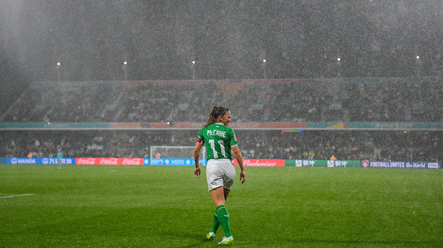 Republic of Ireland captain Katie McCabe at amid heavy rain during the FIFA Women's World Cup 2023 Group B match between Republic of Ireland and Canada at Perth Rectangular Stadium in Perth, Australia.