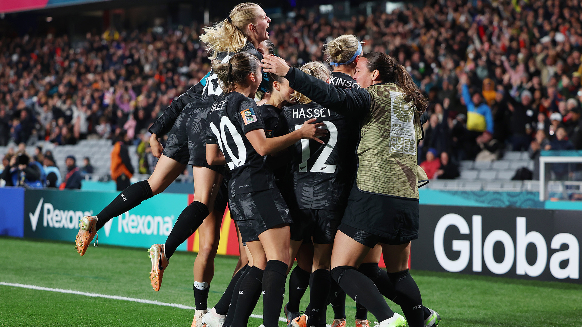 Hannah Wilkinson (2nd R) of New Zealand celebrates with teammates after scoring her team's first goal during the FIFA Women's World Cup Australia & New Zealand 2023 Group A match between New Zealand and Norway at Eden Park on July 20, 2023 in Auckland, New Zealand.