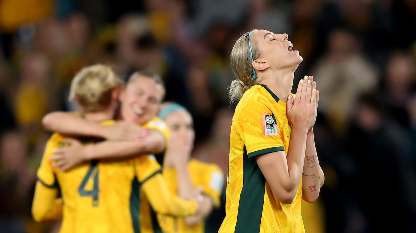 Alanna Kennedy of Australia celebrates the team's 1-0 victory in the FIFA Women's World Cup Australia & New Zealand 2023 Group B match between Australia and Ireland at Stadium Australia on July 20, 2023 in Sydney / Gadigal, Australia.