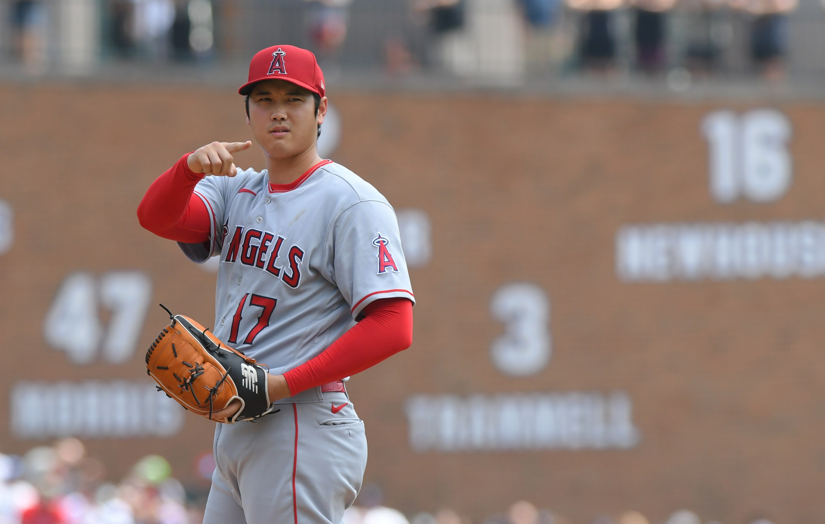 Shohei Ohtani #17 of the Los Angeles Angels looks on from the pitchers mound in the bottom of the 2nd inning of game one of a doubleheader against the Detroit Tigers at Comerica Park on July 27, 2023 in Detroit, Michigan. The Angels defeated the Tigers 6-0. Ohtani pitched a complete game, one-hit shutout.
