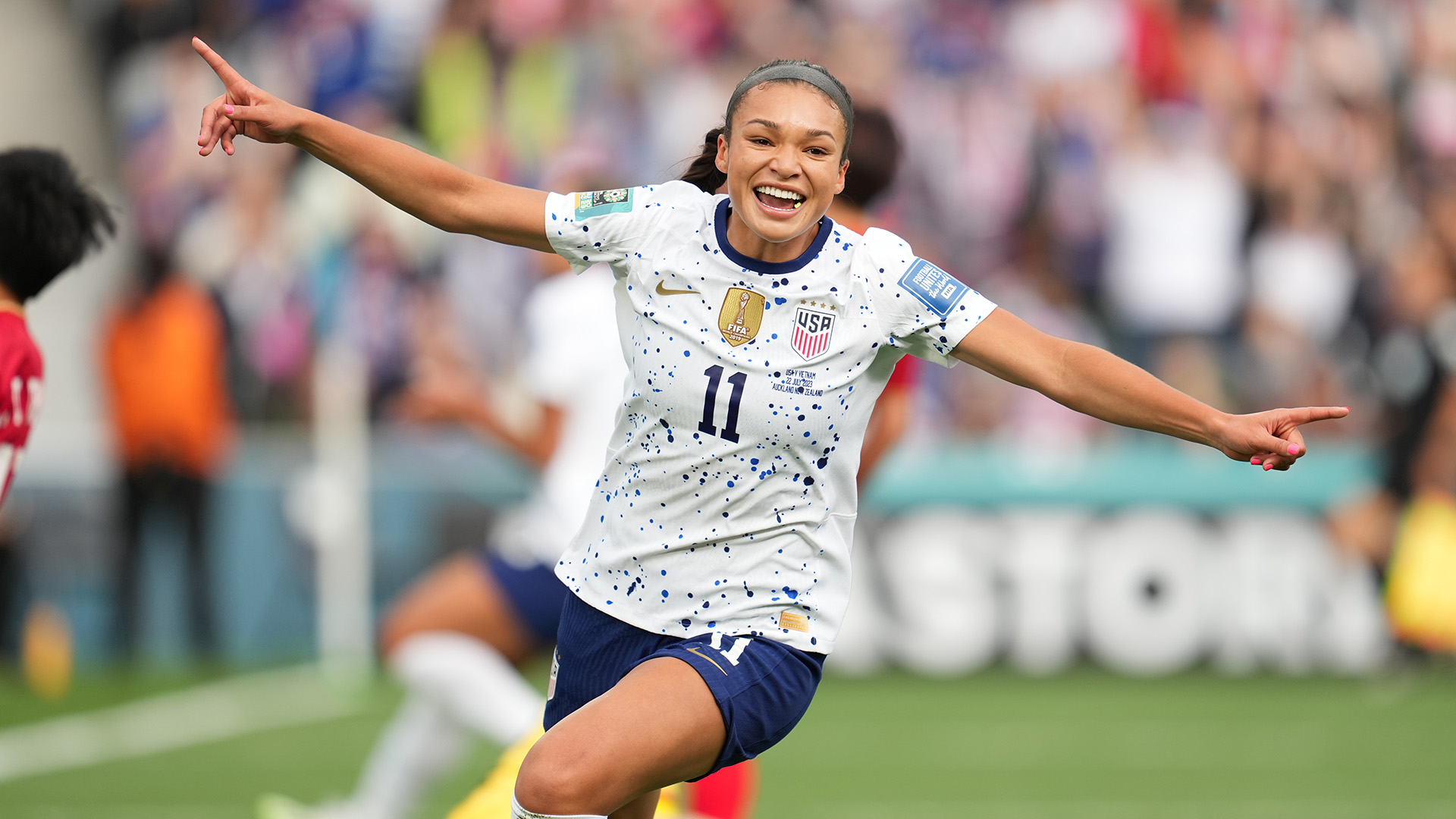 Sophia Smith #11 of the United States celebrates scoring during the first half of the FIFA Women's World Cup Australia &amp; New Zealand 2023 Group E match between USA and Vietnam at Eden Park on July 22, 2023 in Auckland, New Zealand.