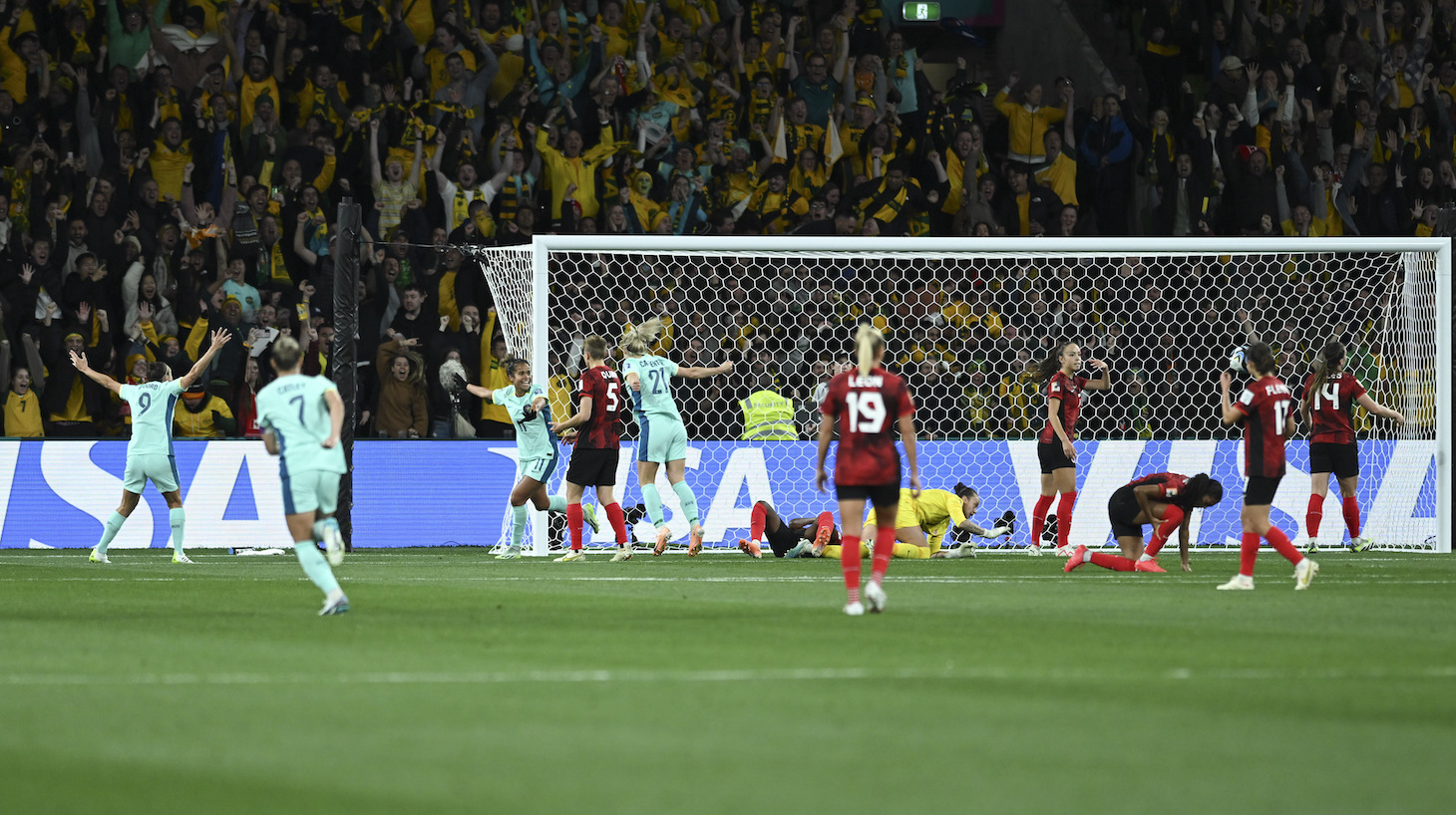 Mary Fowler of Australia celebrates after scoring a goal with her teammates that was later cancelled as a result of VAR consultation during the FIFA Women's World Cup Australia and New Zealand 2023 Group B match between Canada and Australia at Melbourne Rectangular Stadium in Melbourne, Australia on July 31, 2023.