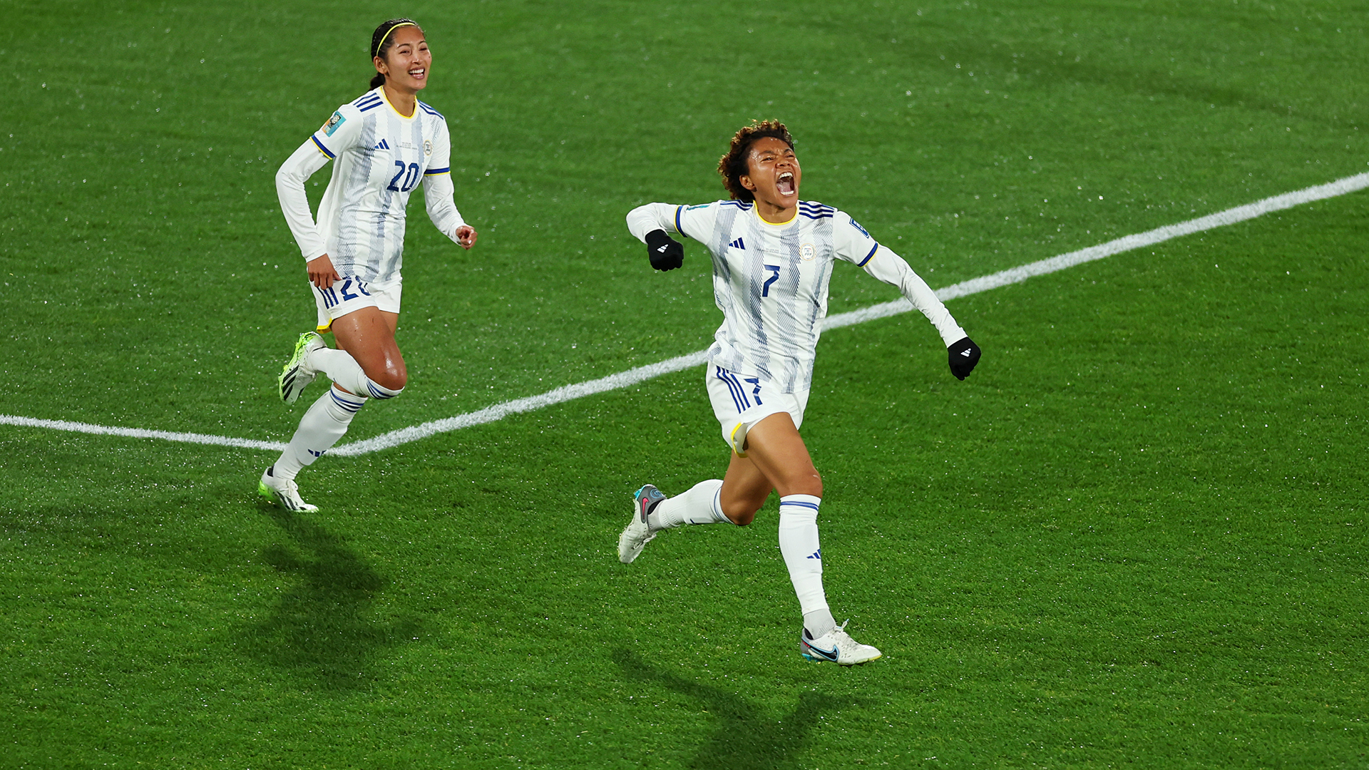 Sarina Bolden (R) of Philippines celebrates after scoring her team's first goal during the FIFA Women's World Cup Australia &amp; New Zealand 2023 Group A match between New Zealand and Philippines at Wellington Regional Stadium on July 25, 2023 in Wellington, New Zealand.
