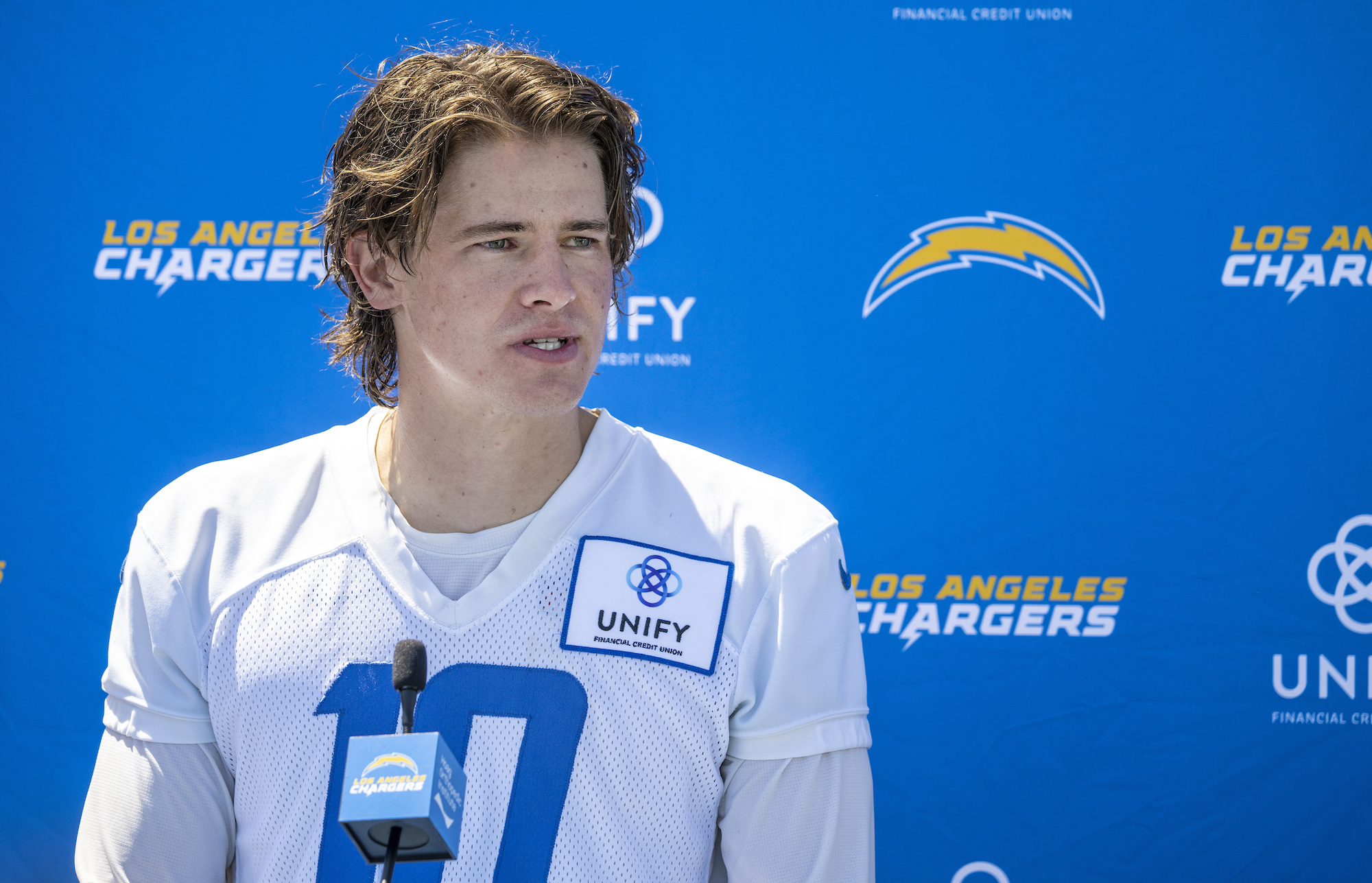Costa Mesa, CA - July 26: Justin Herbert, quarterback with the Los Angeles Chargers, speaks to the media following the first practice of training camp at the Jack R. Hammett Sports Complex in Costa Mesa on July 26, 2023. (Photo by Mark Rightmire/MediaNews Group/Orange County Register via Getty Images)