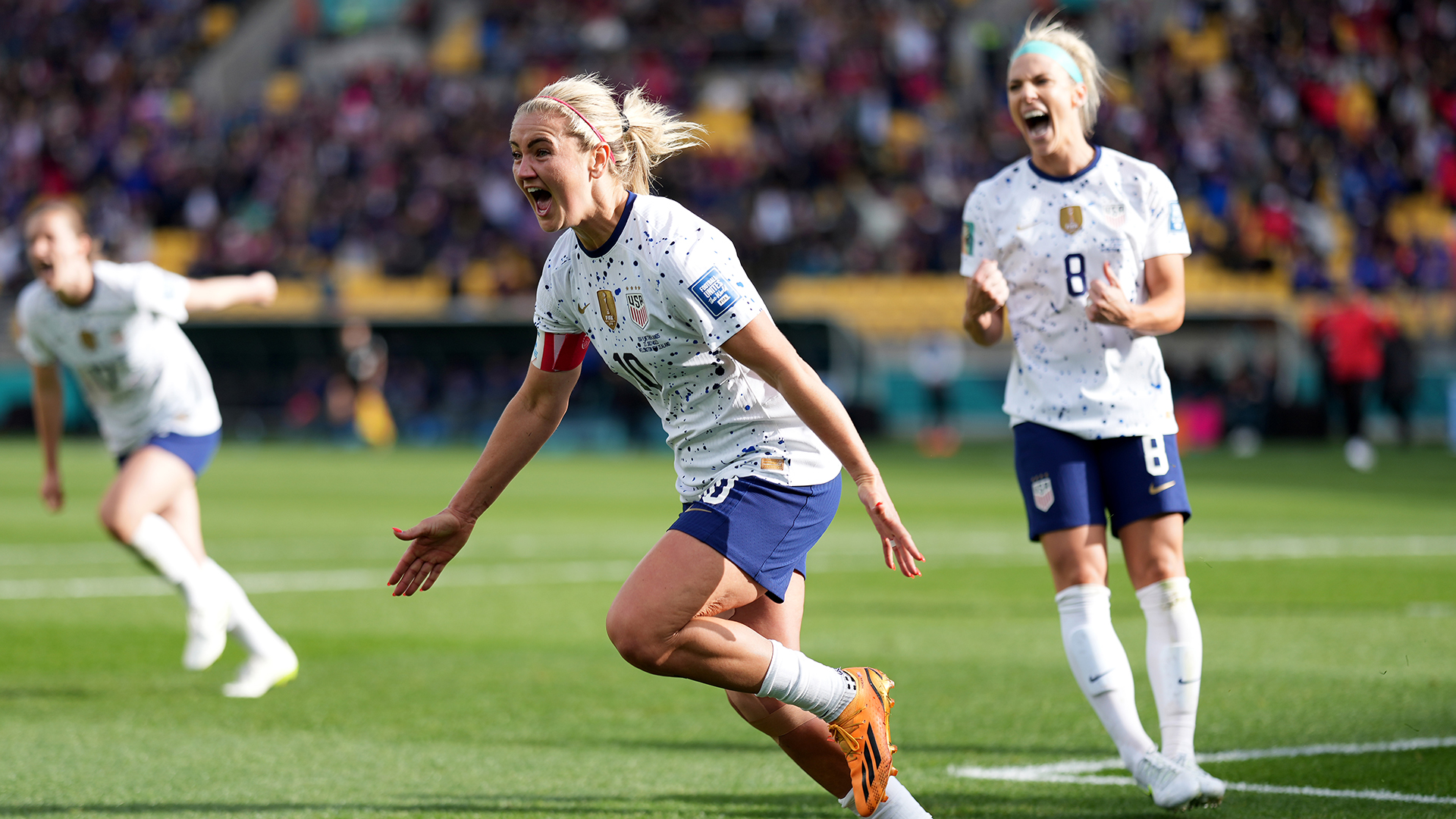 Lindsey Horan #10 of the United States celebrates scoring during the second half against the Netherlands during the FIFA Women's World Cup Australia &amp; New Zealand 2023 Group E match at Wellington Regional Stadium on July 27, 2023 in Wellington, New Zealand.