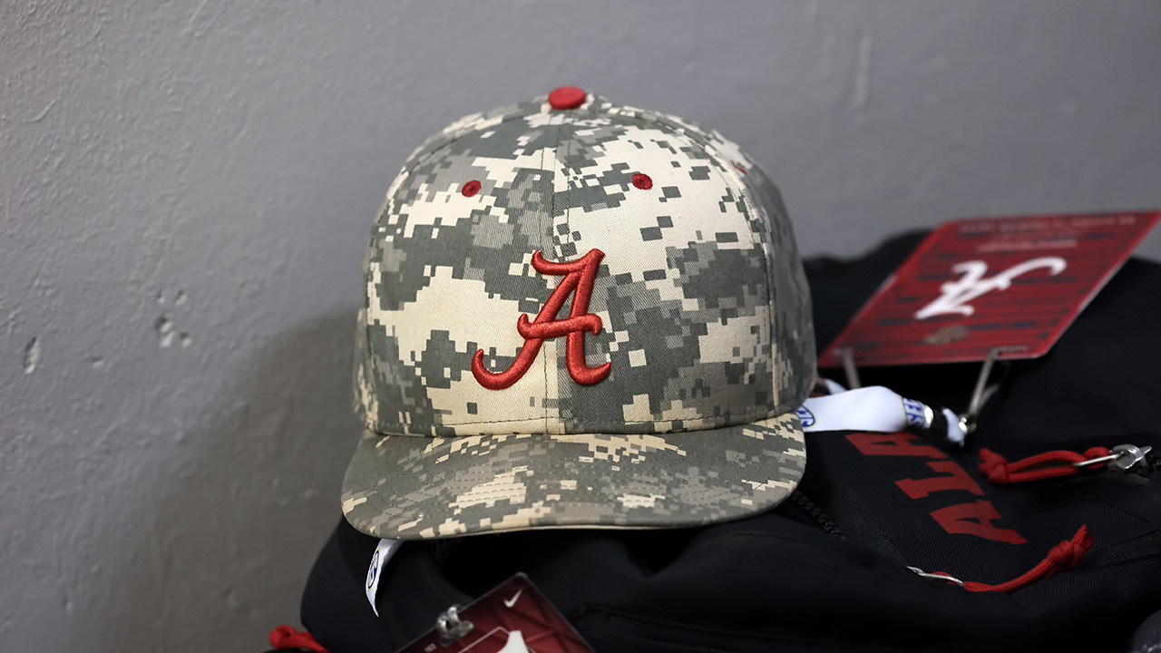 A general view of an Alabama Crimson Tide baseball cap during the 2023 SEC Baseball Tournament game between the Kentucky Wildcats and the Alabama Crimson Tide on May 23, 2023 at Hoover Metropolitan Stadium in Hoover, Alabama.