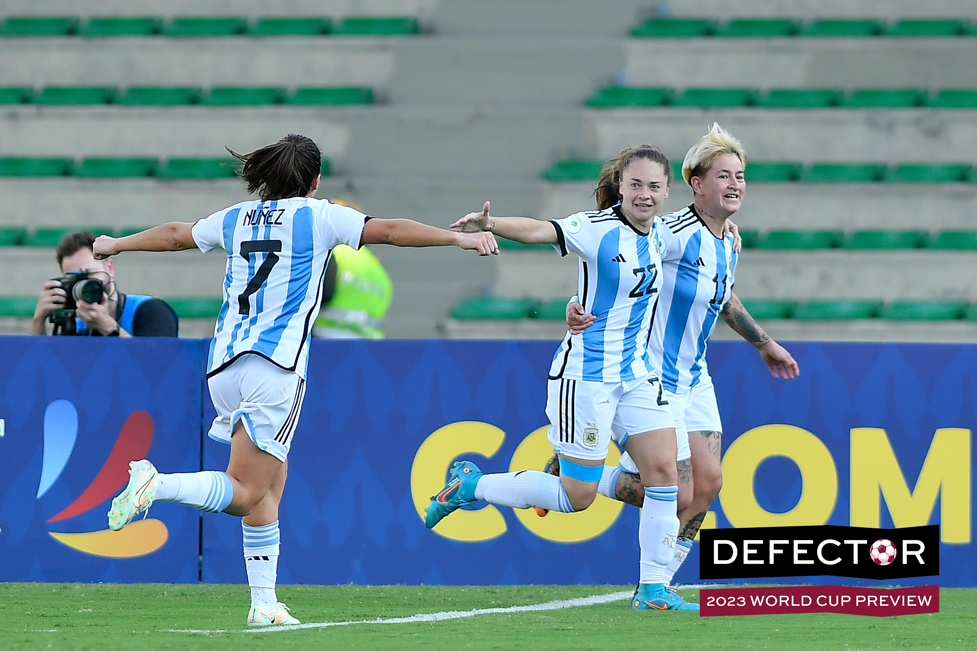 Yamila Tamara Rodriguez (#11) of Argentina celebrates after scoring the second goal of her team during a match between Argentina and Uruguay as part of Women's CONMEBOL Copa America 2022 at Centenario Stadium on July 15, 2022 in Armenia, Colombia