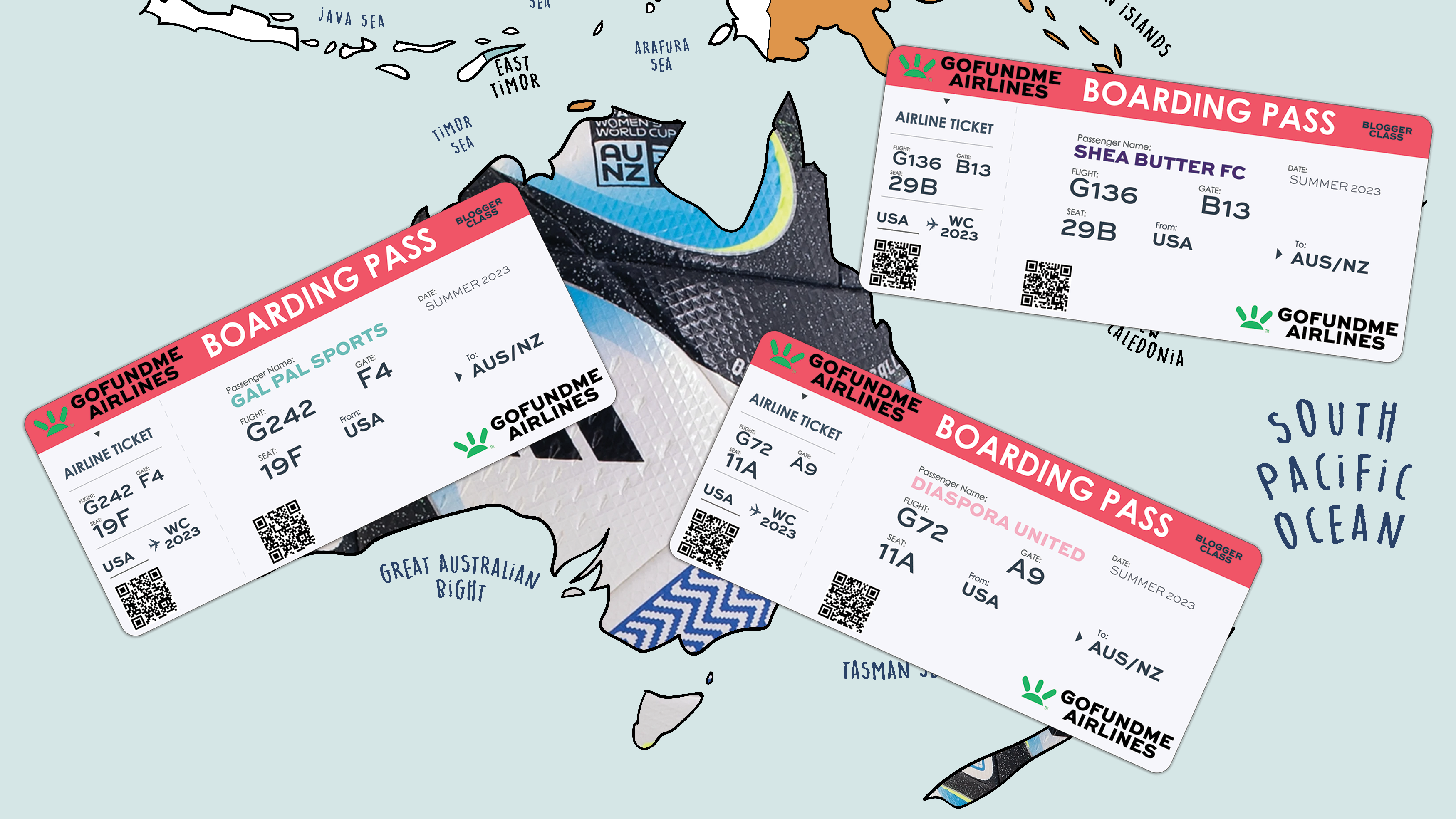 A map of Oceania, where Australia and New Zealand have World Cup ball patterns. Over it are three tickets to GO FUND ME AIRLINES, where Gal Pal Sports, Shea Butter FC and Diaspora United are all going to from USA to the World Cup