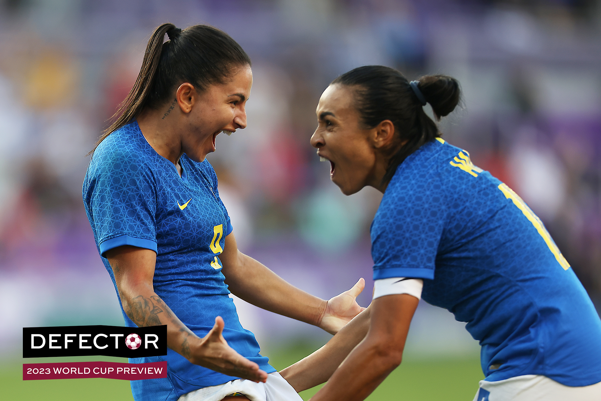Debinha #9 celebrates with her teammate Marta #10 of Brazil after scores 1st goal during the match between Japan and Brazil at Exploria Stadium on February 16, 2023 in Orlando, Florida.