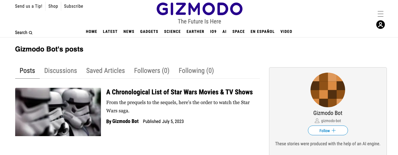 A screenshot of Gizmodo Bot's author page, with one bad Star Wars blog