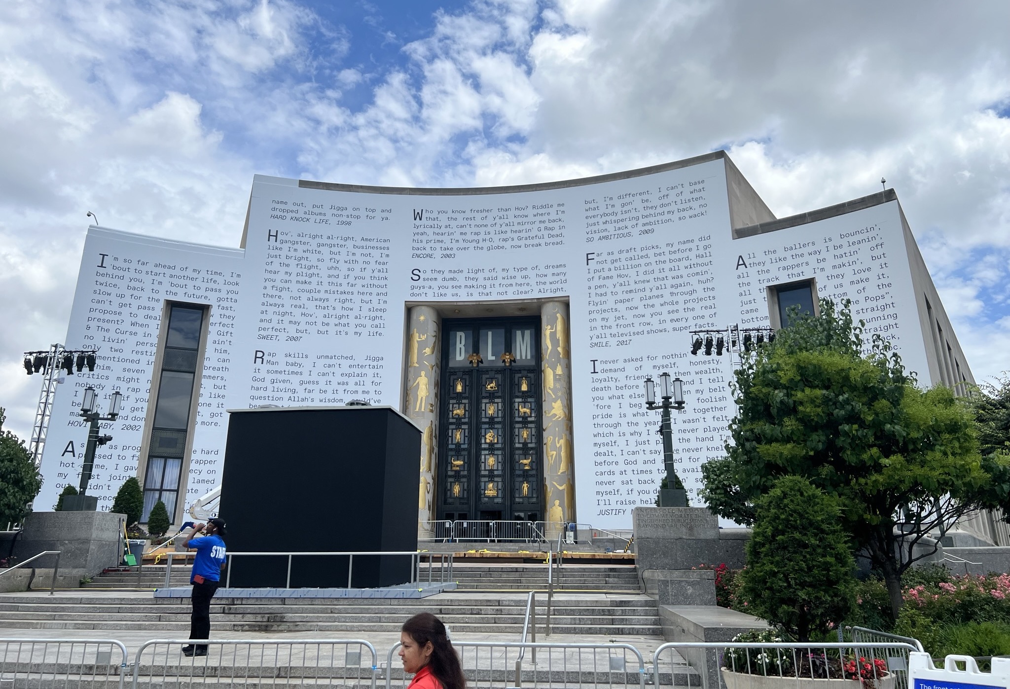 The central branch of Brooklyn Public Library, wrapped in Jay-Z lyrics.