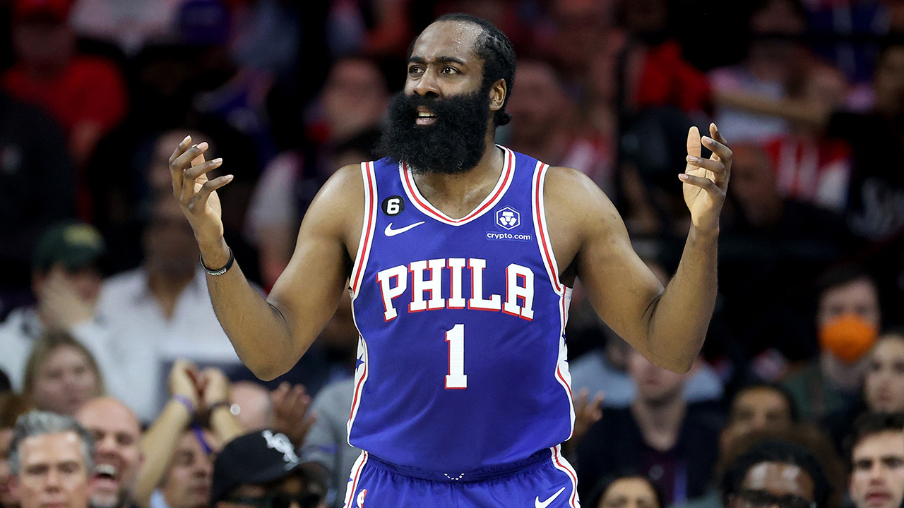 PHILADELPHIA, PENNSYLVANIA - MAY 11: James Harden #1 of the Philadelphia 76ers reacts to a play against the Boston Celtics during the second quarter in game six of the Eastern Conference Semifinals in the 2023 NBA Playoffs at Wells Fargo Center on May 11, 2023 in Philadelphia, Pennsylvania. NOTE TO USER: User expressly acknowledges and agrees that, by downloading and or using this photograph, User is consenting to the terms and conditions of the Getty Images License Agreement.