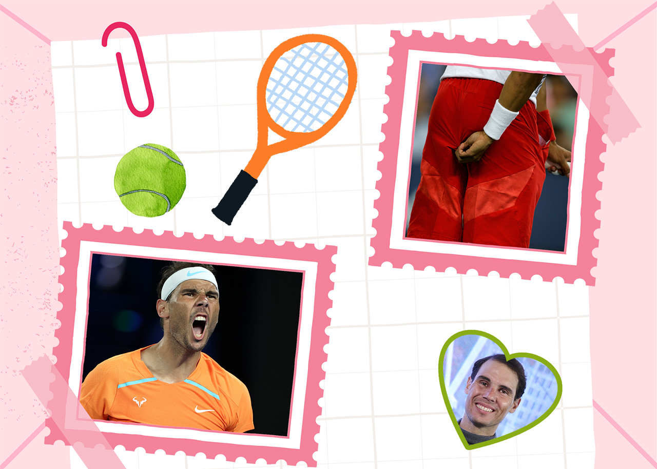 A card with a bunch of love items about Rafael Nadal. There's one of him picking his wedge, one of him screaming after a point and him, in a heart, smiling. Also there are drawings of tennis balls and tennis rackets.