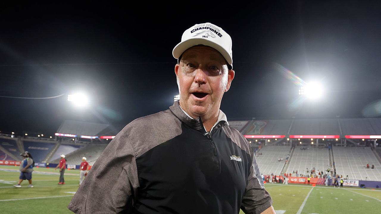 BIRMINGHAM, ALABAMA - JUNE 25: Head Coach Skip Holtz celebrates after defeating the New Orleans Breakers to win the USFL South Division Championship at Protective Stadium on June 25, 2023 in Birmingham, Alabama.