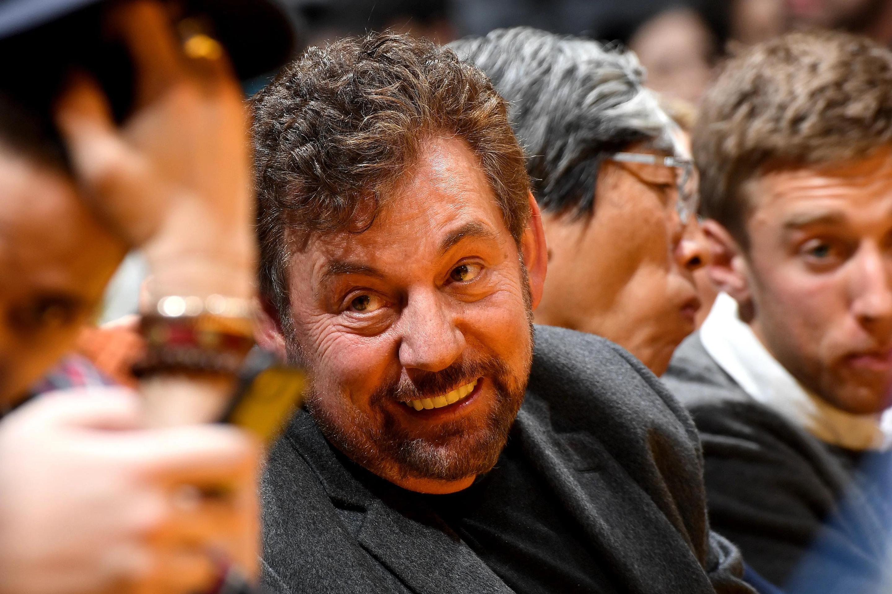 Knicks owner James Dolan, seen here leering weirdly at a Knicks/Lakers game in 2019. He has a goatee.