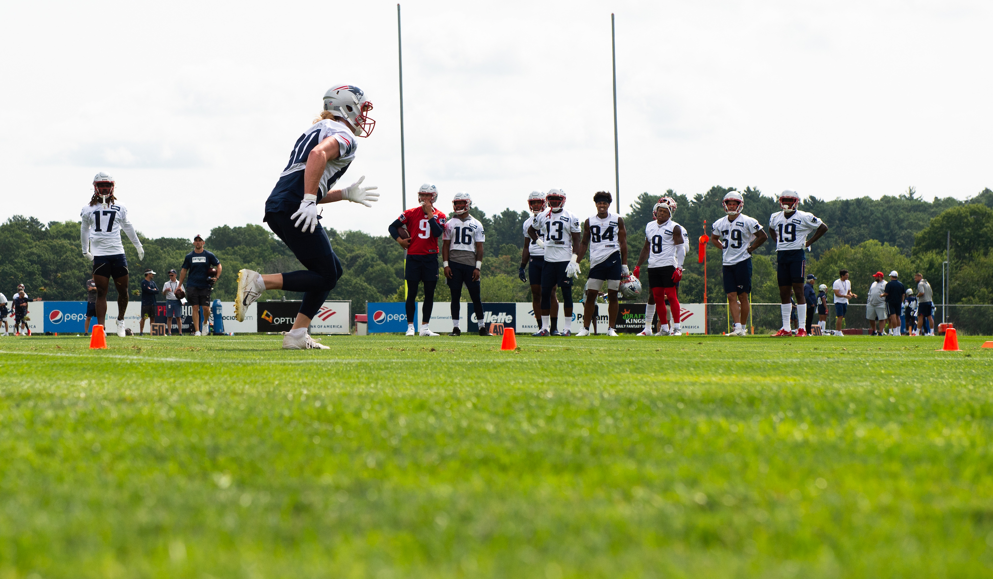 FOXBOROUGH, MA - JULY 29, 2021: Gunner Olszewski #80 of the New England Patriots performs a drill during training camp at Gillette Stadium on July 29, 2021 in Foxborough, Massachusetts. (Photo by Kathryn Riley/Getty Images)