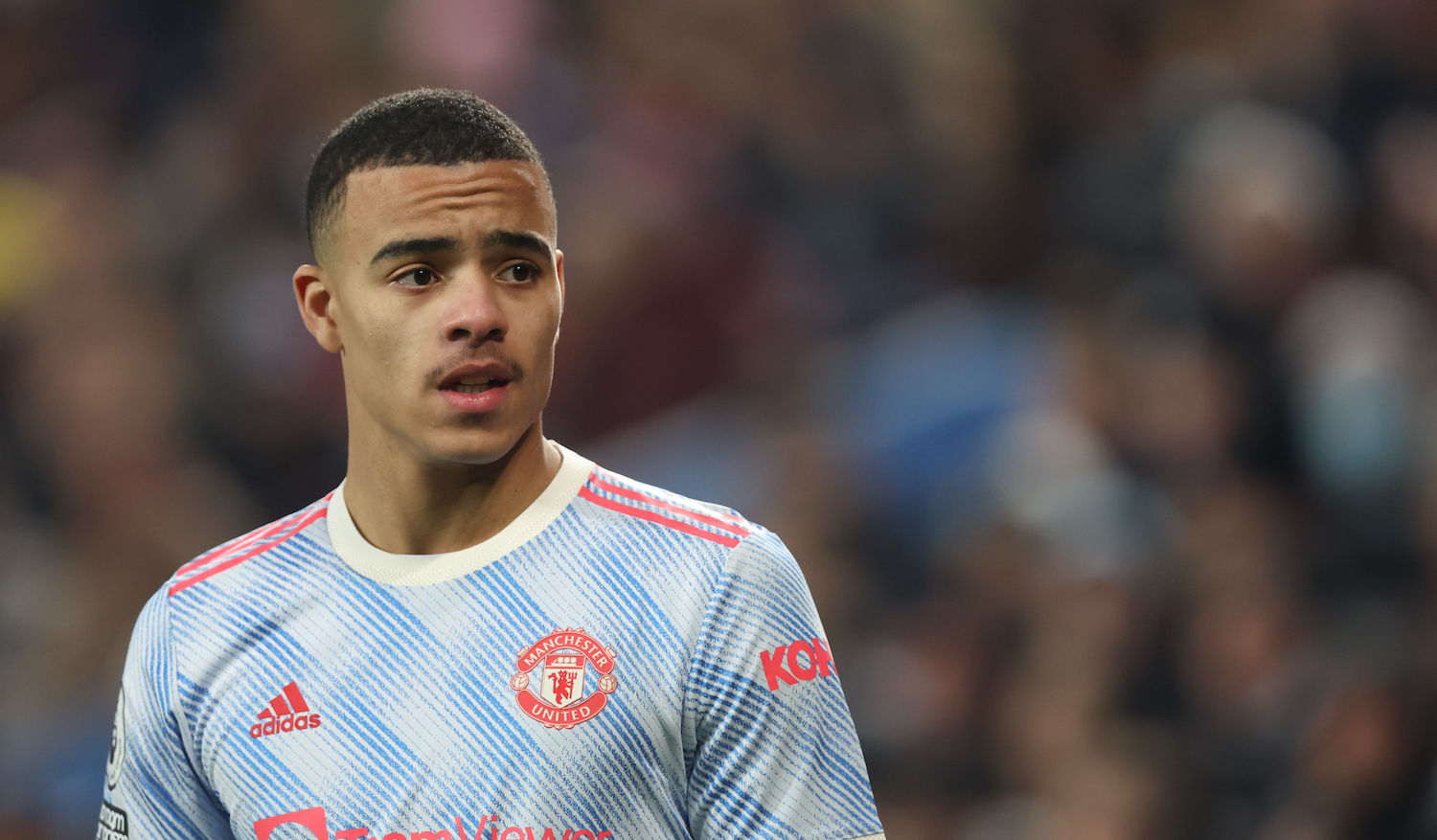 BIRMINGHAM, ENGLAND - JANUARY 15: Mason Greenwood of Manchester United during the Premier League match between Aston Villa and Manchester United at Villa Park on January 15, 2022 in Birmingham, United Kingdom. (Photo by Matthew Ashton - AMA/Getty Images)