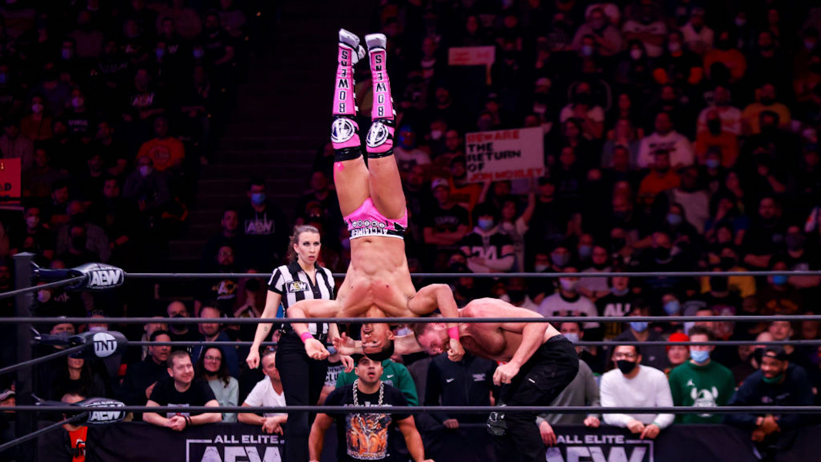 Jon Moxley delivers a move to Anthony Bowens during the AEW Dynamite - Beach Break taping on January 26, 2022, at the Wolstein Center in Cleveland, OH.