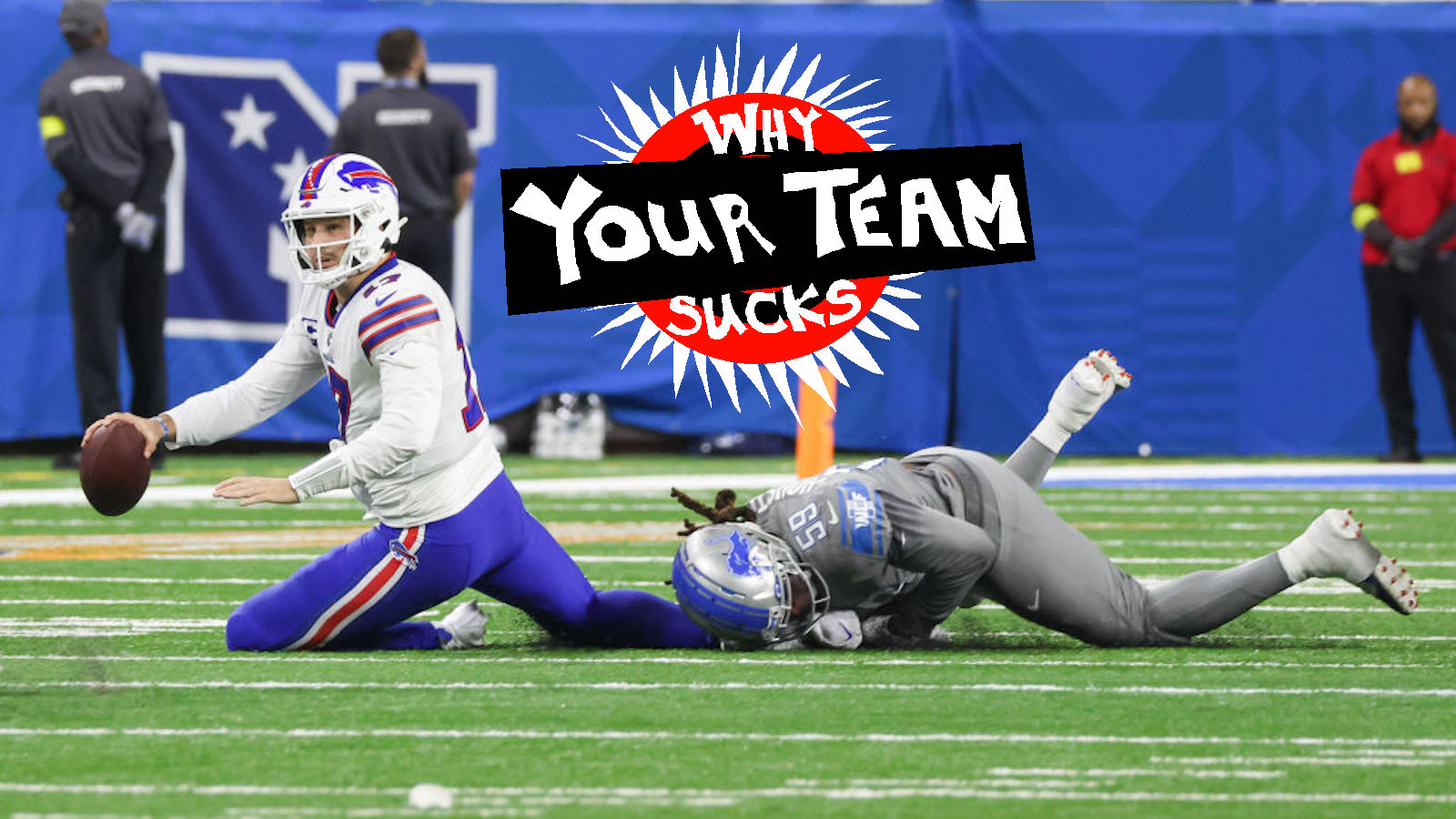Buffalo Bills quarterback Josh Allen (17) is sacked by Detroit Lions linebacker James Houston (59) during a regular season NFL football game between the Buffalo Bills and the Detroit Lions on Thanksgiving Day on November 24, 2022 at Ford Field in Detroit, Michigan.