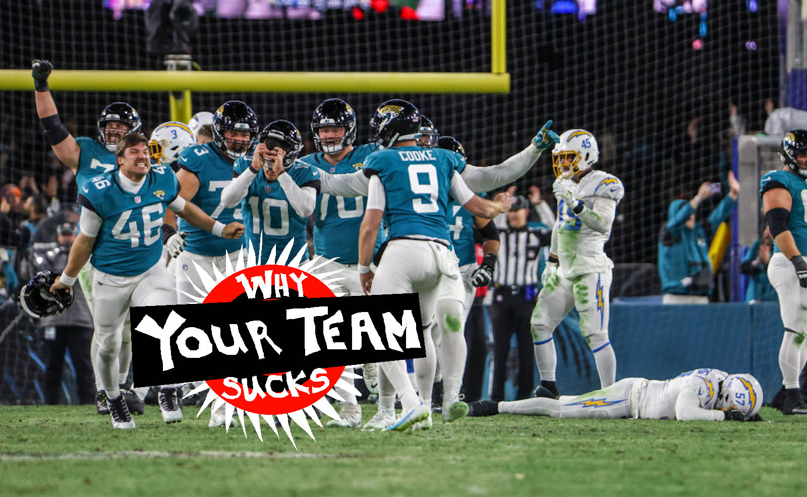 Los Angeles Chargers linebacker Amen Ogbongbemiga (57) lays on the turf as Jacksonville Jaguars place kicker Riley Patterson (10) is mobbed by teammates after hitting a game winning field goal in an AFC Wild Card game at TIAA Bank Field.