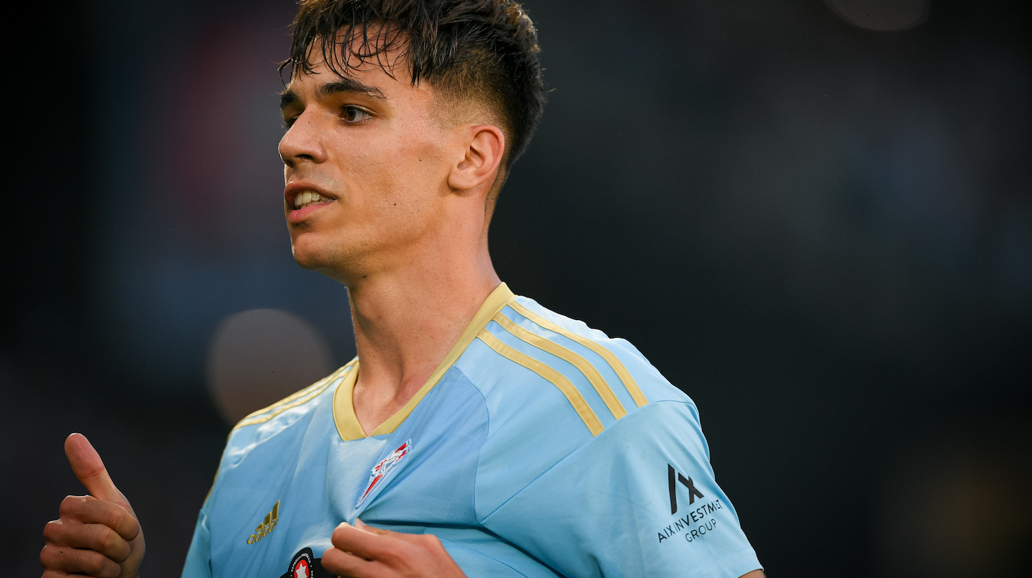 Gabri Veiga of RC Celta celebrates after scores the team's first goal during the LaLiga Santander match between RC Celta and FC Barcelona at Estadio Balaidos on June 04, 2023 in Vigo, Spain.