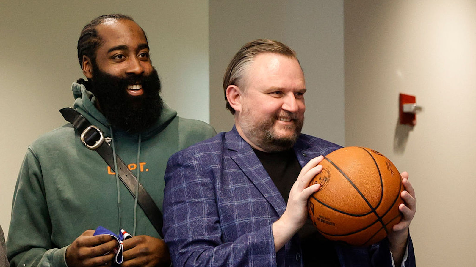 James Harden #1 (L) and president of basketball operations Daryl Morey of the Philadelphia 76ers look on during a press conference at the Seventy Sixers Practice Facility on February 15, 2022 in Camden, New Jersey. (