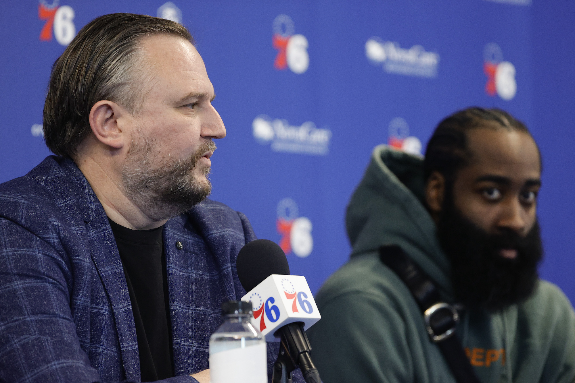 CAMDEN, NEW JERSEY - FEBRUARY 15: President of basketball operations Daryl Morey responds during a press conference at the Seventy Sixers Practice Facility on February 15, 2022 in Camden, New Jersey. (Photo by Tim Nwachukwu/Getty Images) NOTE TO USER: User expressly acknowledges and agrees that, by downloading and or using this photograph, User is consenting to the terms and conditions of the Getty Images License Agreement.