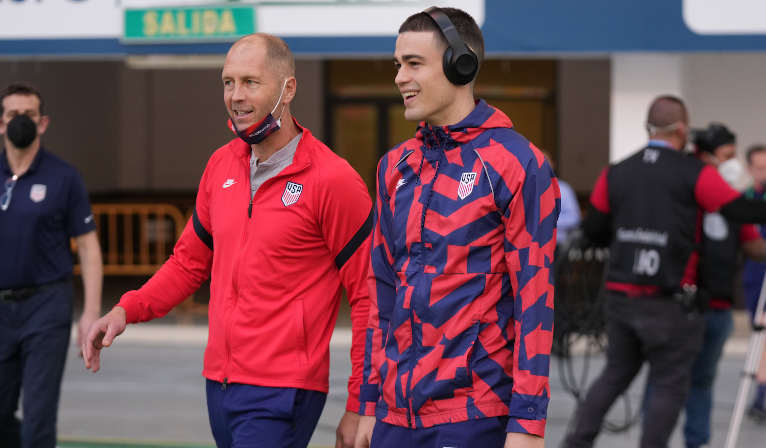 SAN JOSE, COSTA RICA - MARCH 30: USA head coach Gregg Berhalter and Giovanni Reyna #11 arrive at the stadium before a FIFA World Cup qualifier game between Costa Rica and USMNT at Estadio Nacional de Costa Rica on March 30, 2022 in San Jose, Costa Rica. (Photo by Brad Smith/ISI Photos/Getty Images)