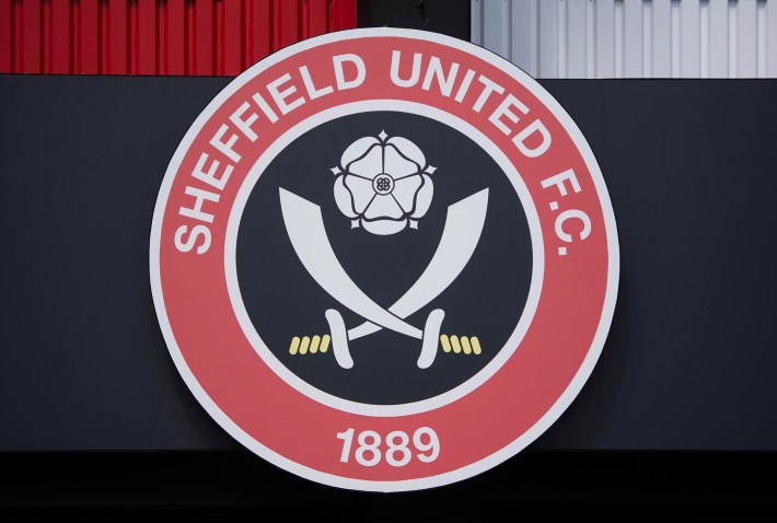 The Sheffield United club crest outside the ground before the Sky Bet Championship Play-Off Semi Final 1st Leg match between Sheffield United and Nottingham Forest at Bramall Lane on May 14, 2022 in Sheffield, England.