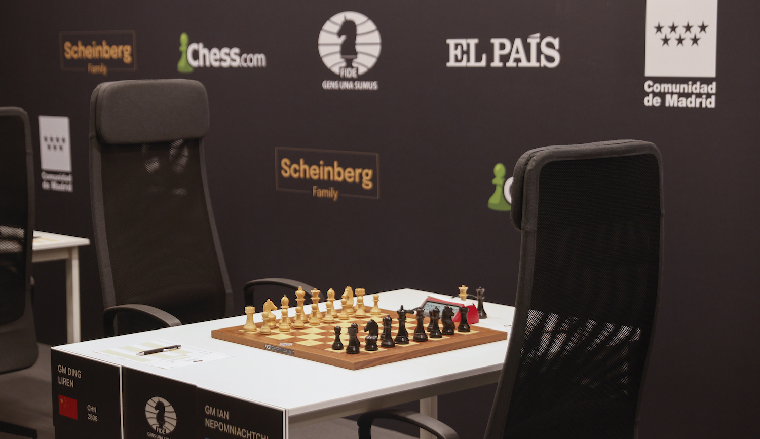 The table with the chess board appears ready for the game between Ding Liren and Ian Nepomniachtchi on the first day of competition at the FIDE Candidates Chess Tournament on June 17, 2022 in Madrid, Spain. (Miguel Pereira/Getty Images)