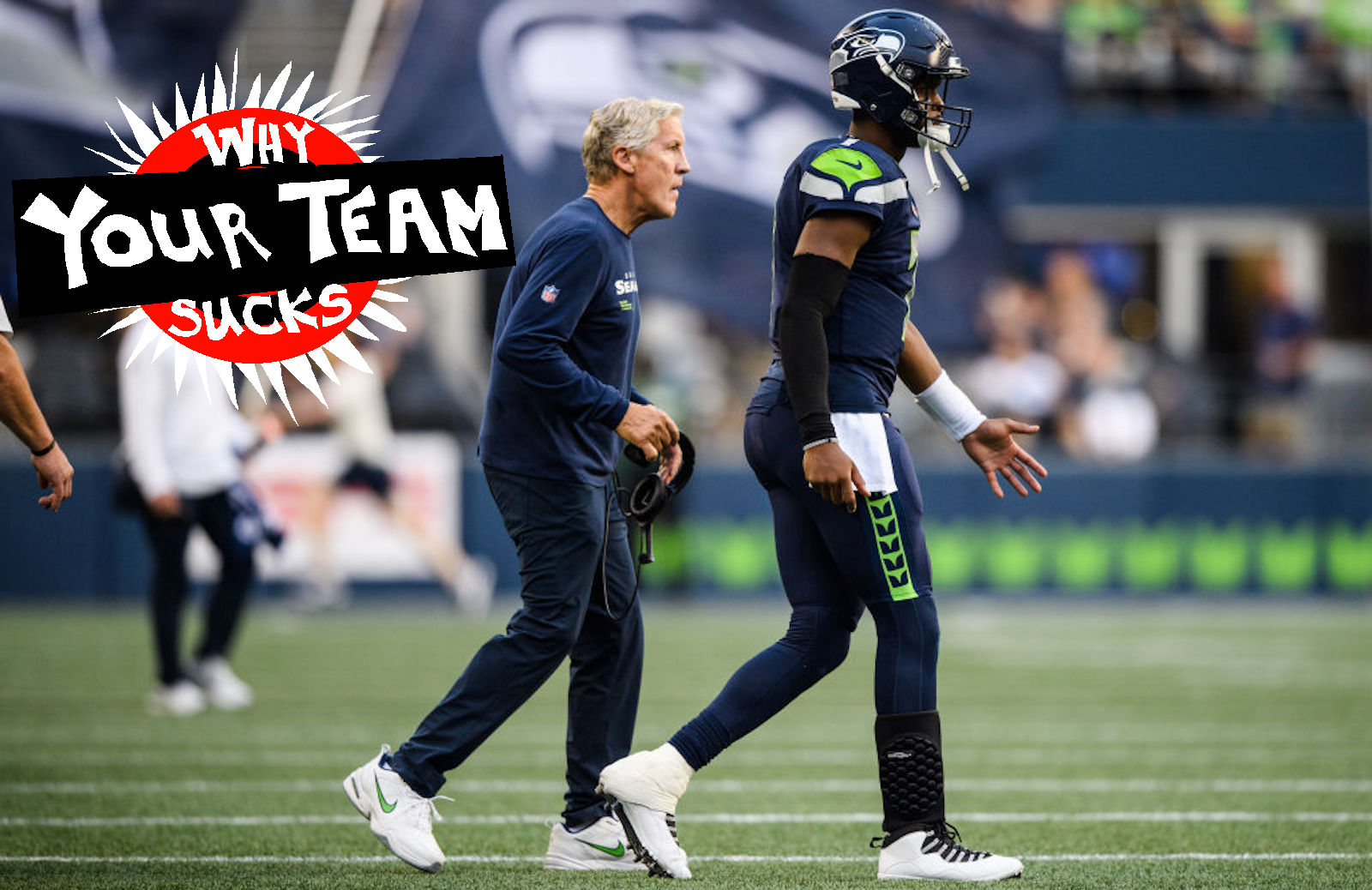 Head coach Pete Carroll and Geno Smith #7 of the Seattle Seahawks during the second half of the preseason game against the Chicago Bears at Lumen Field on August 18, 2022 in Seattle, Washington.