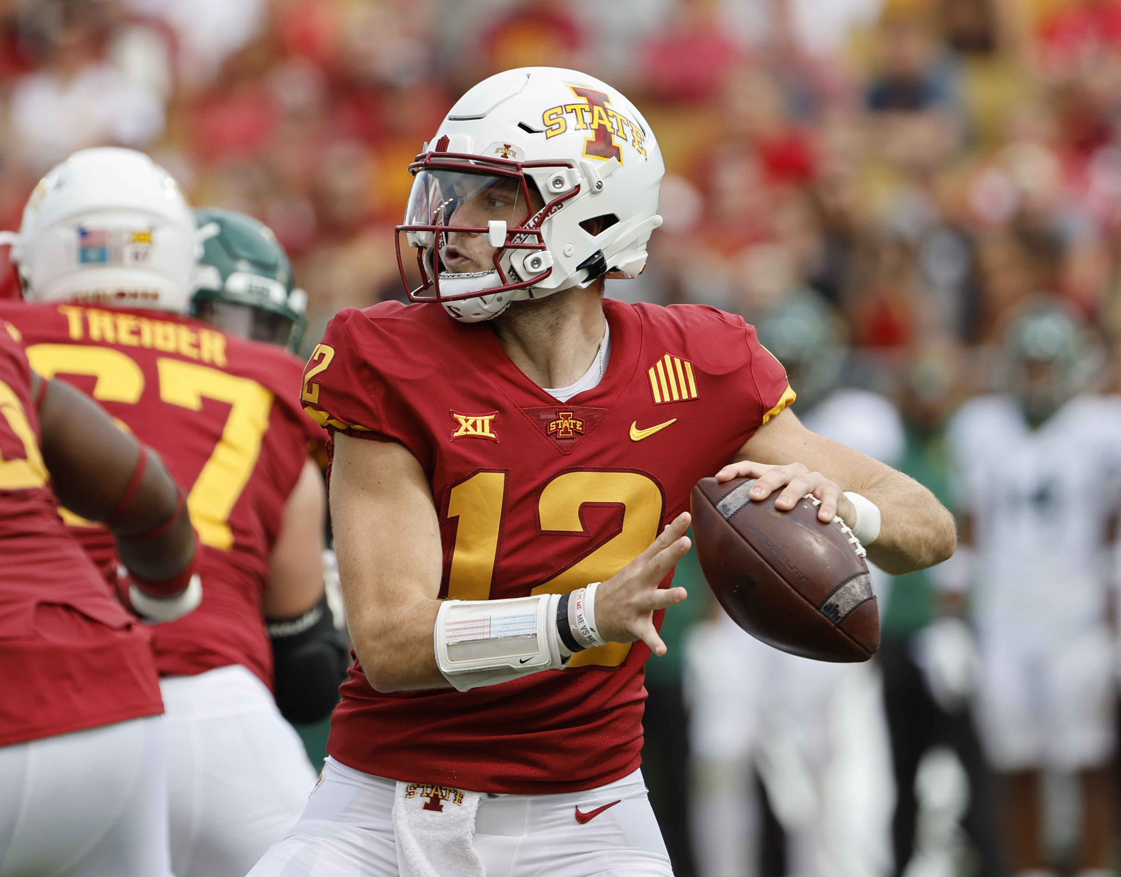 Quarterback Hunter Dekkers #12 of the Iowa State Cyclones throws the ball in the second half of play at Jack Trice Stadium on September 24, 2022 in Ames, Iowa. The Baylor Bears won 31-24 over the Iowa State Cyclones.