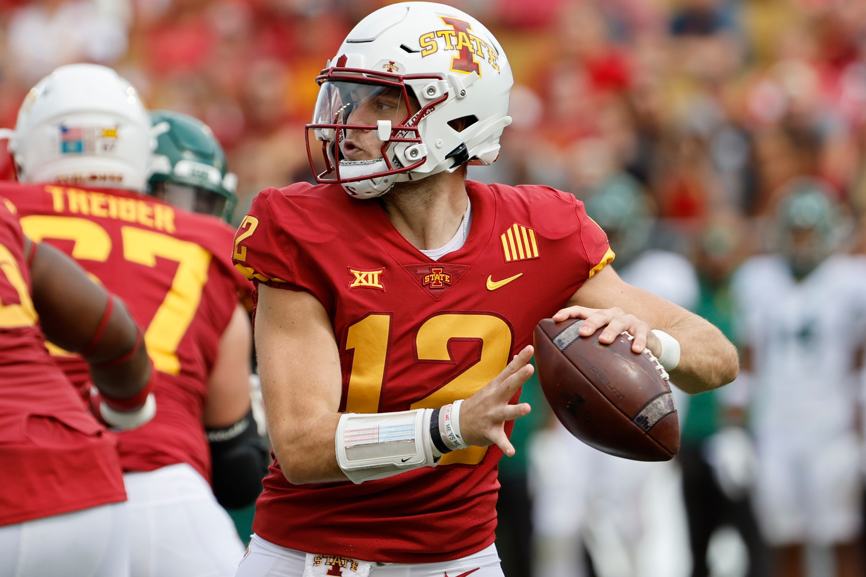 Quarterback Hunter Dekkers #12 of the Iowa State Cyclones throws the ball in the second half of play at Jack Trice Stadium on September 24, 2022 in Ames, Iowa. The Baylor Bears won 31-24 over the Iowa State Cyclones.