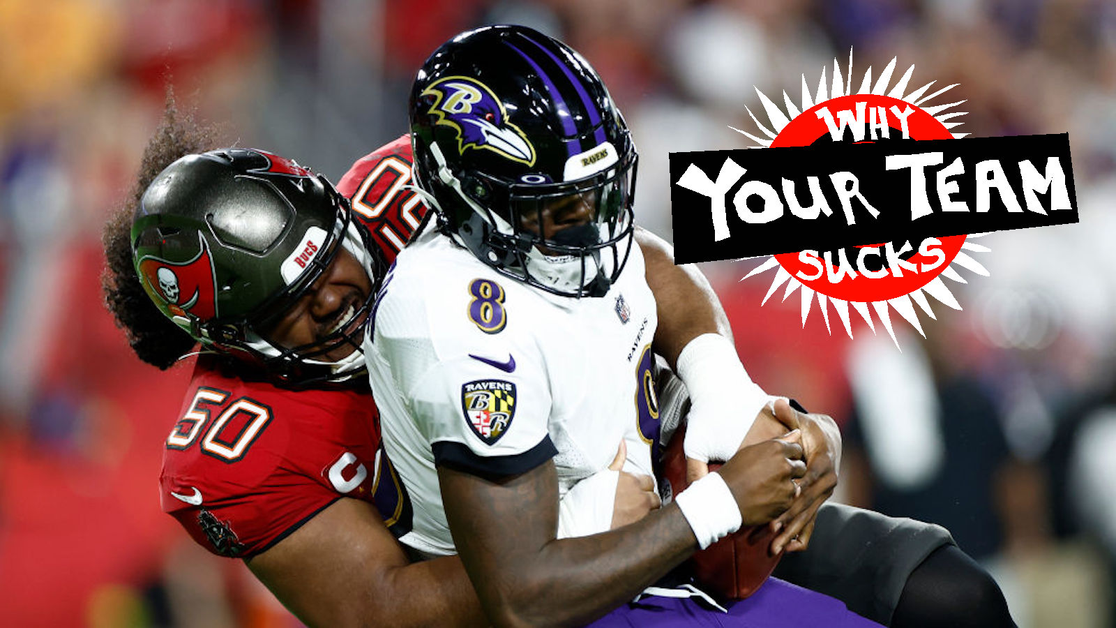 Vita Vea #50 of the Tampa Bay Buccaneers sacks Lamar Jackson #8 of the Baltimore Ravens during the first quarter at Raymond James Stadium on October 27, 2022 in Tampa, Florida.