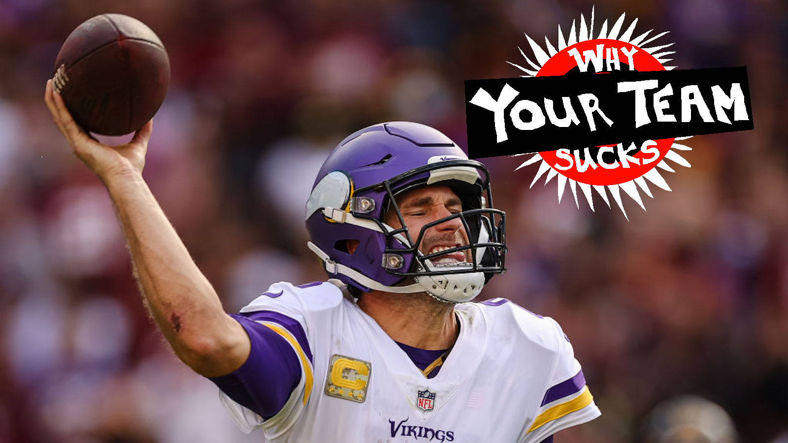 Kirk Cousins #8 of the Minnesota Vikings reacts while being hit during a passing attempt against the Washington Commanders during the second half of the game at FedExField on November 6, 2022 in Landover, Maryland.