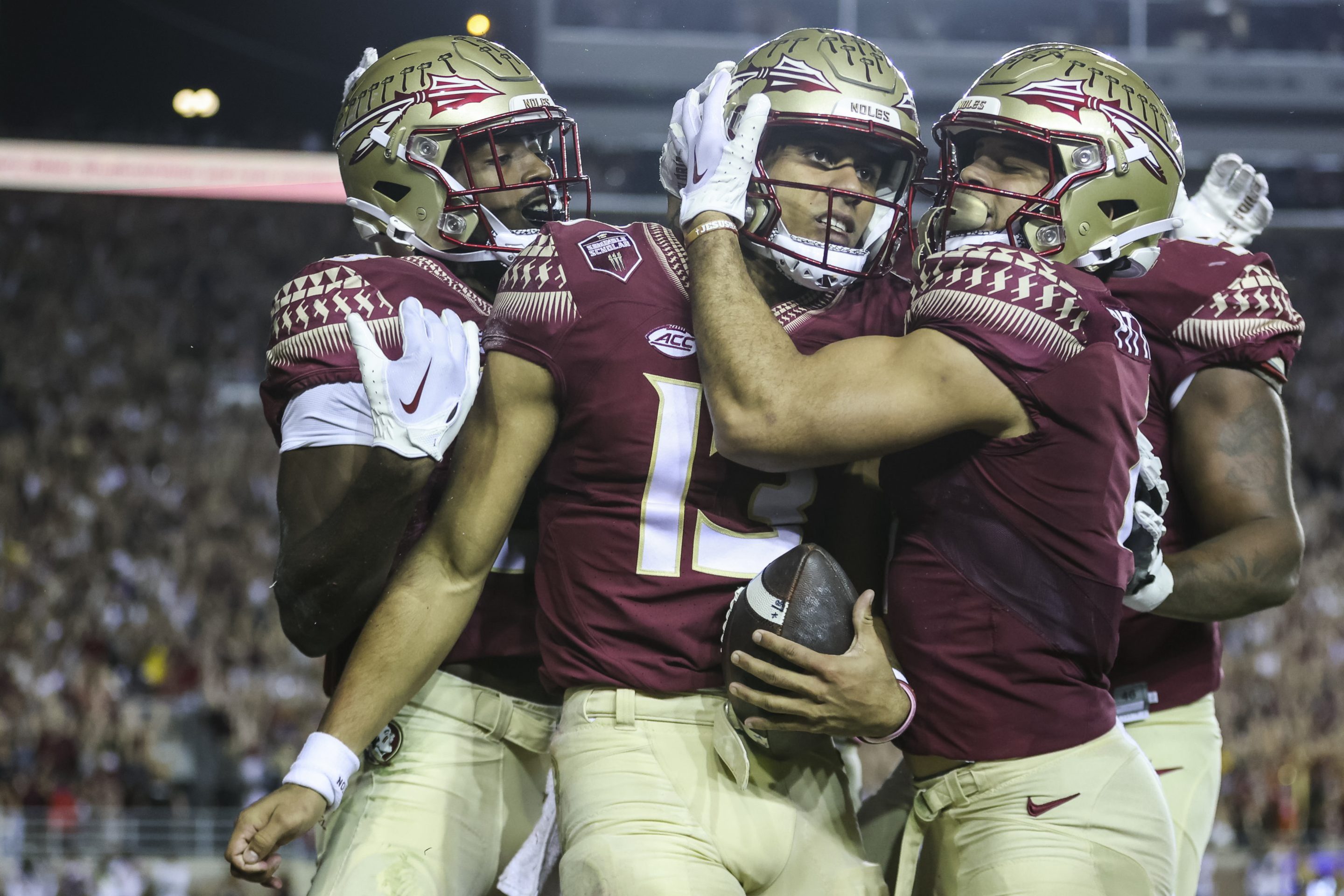 Jordan Travis of Florida State celebrates a touchdown against Florida at Doak Campbell Stadium in Tallahassee in 2022.