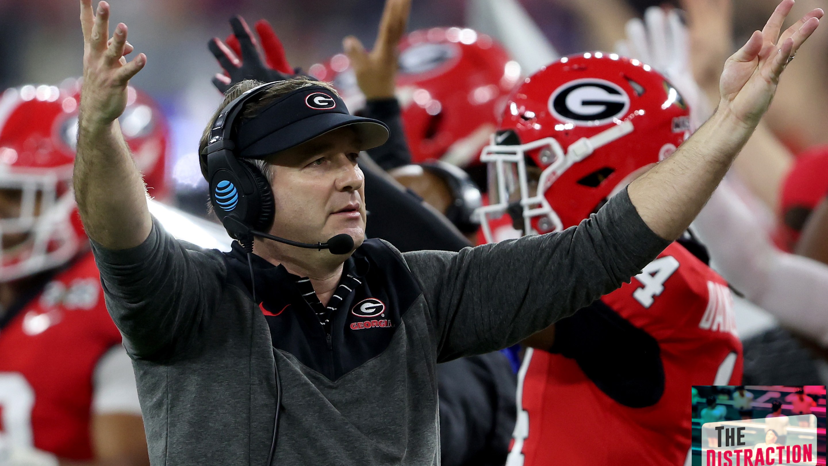 Georgia head coach Kirby Smart and his team react incredulously to a call during the 2023 College Football Championship Game.
