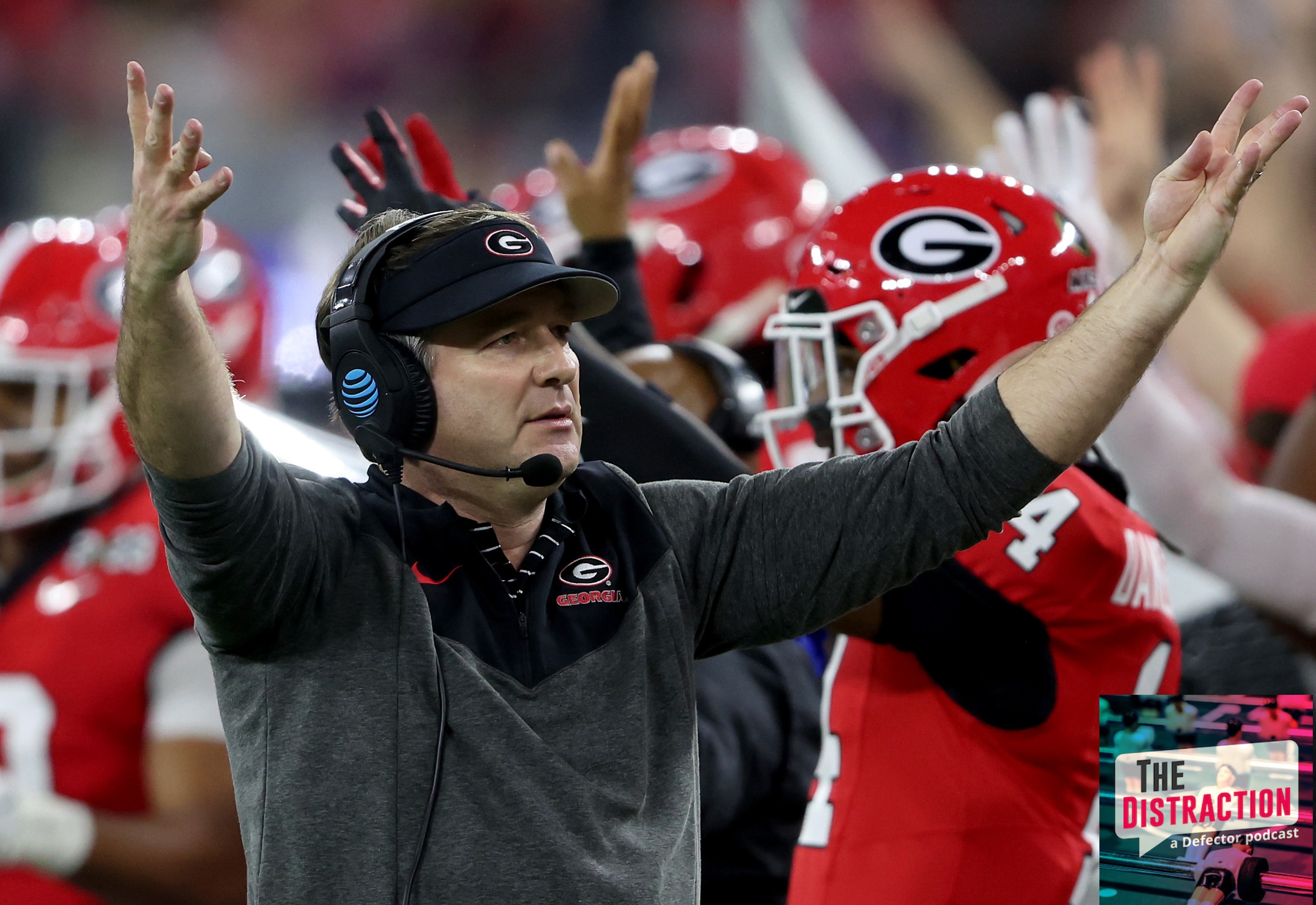 Georgia head coach Kirby Smart and his team react incredulously to a call during the 2023 College Football Championship Game.