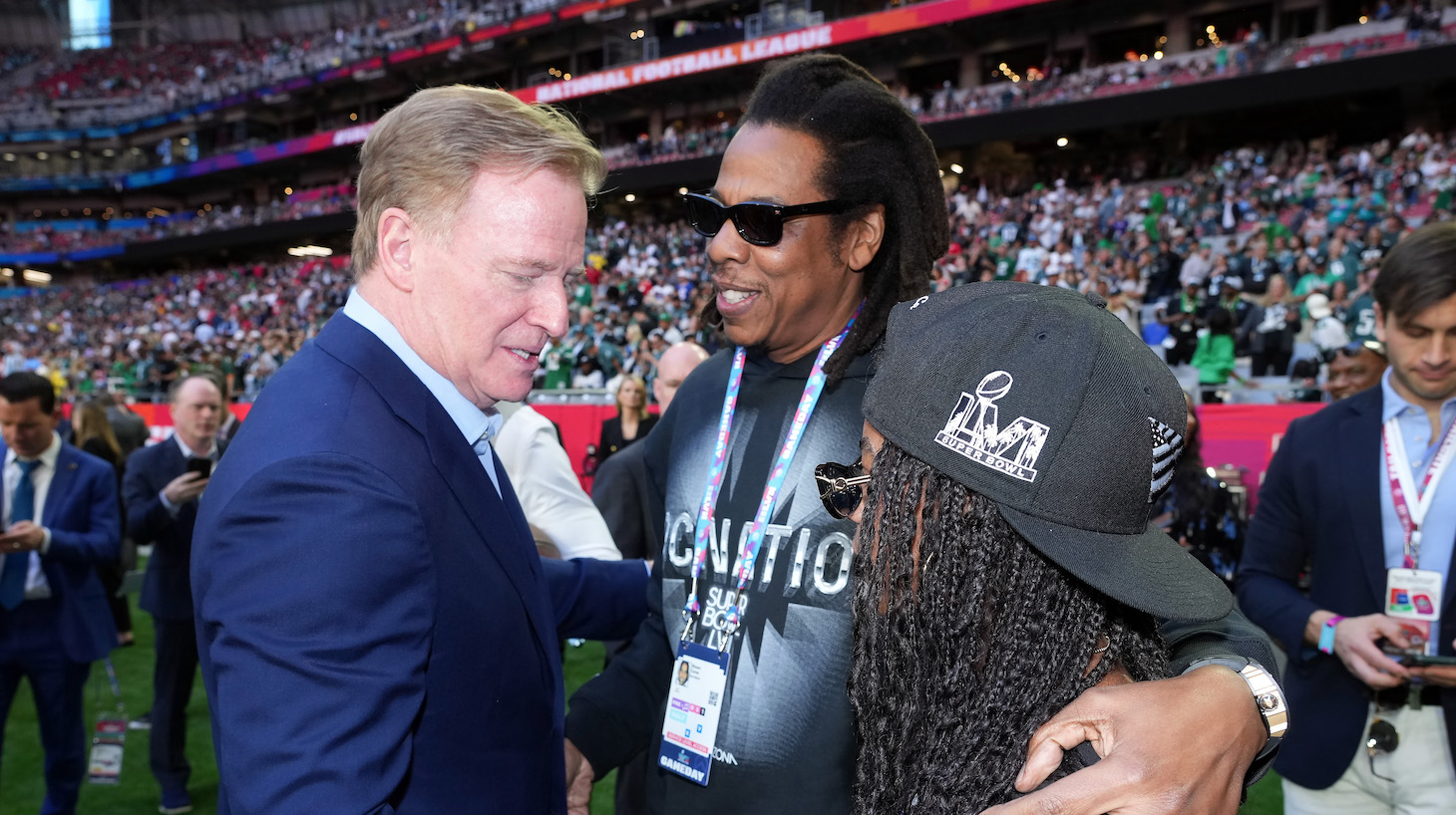 Roger Goodell, Jay-Z and Blue Ivy Carter attend Super Bowl LVII at State Farm Stadium on February 12, 2023 in Glendale, Arizona.