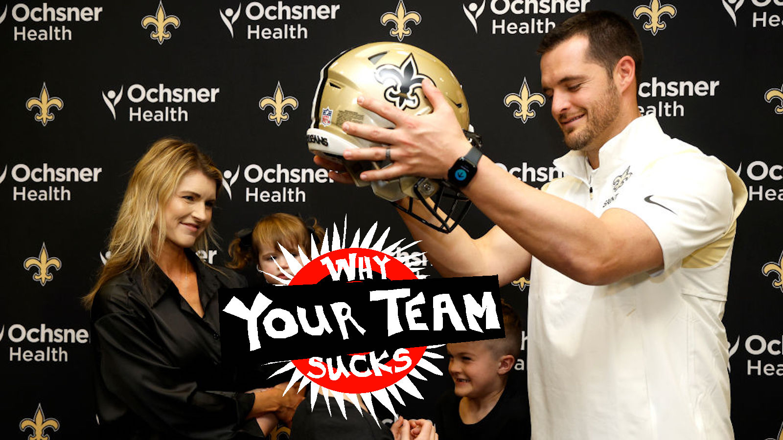 Heather Carr, Brooklyn Carr, Dallas Carr, Derek Carr of the New Orleans Saints, are seen after Carr signed a four-year contract with the Saints at New Orleans Saints Indoor Practice Facility on March 11, 2023 in New Orleans, Louisiana.