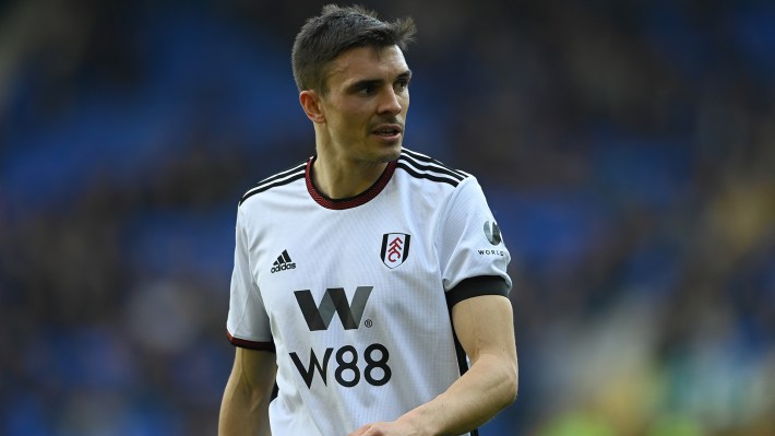 João Palhinha of Fulham during the Premier League match between Everton FC and Fulham FC at Goodison Park on April 15, 2023 in Liverpool, England.