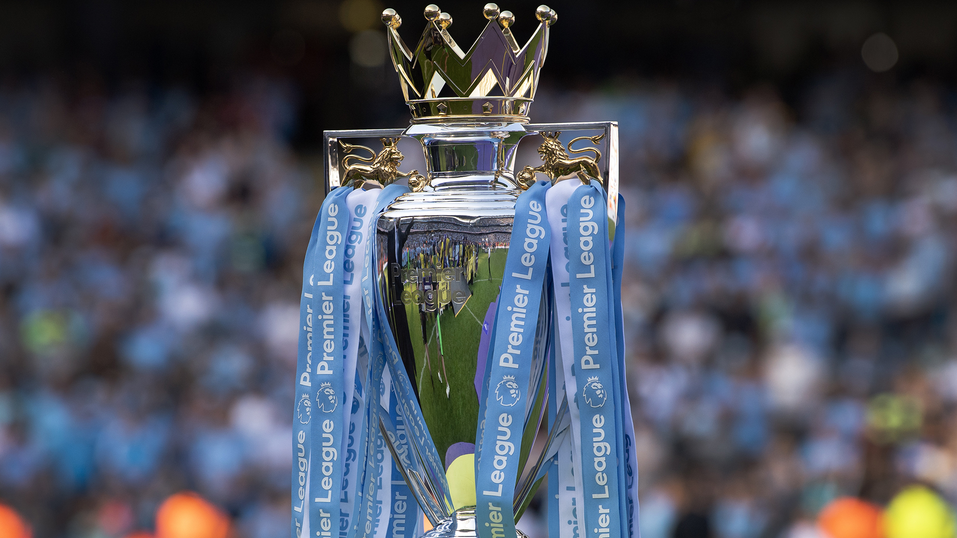 The Premier League trophy after the Premier League match between Manchester City and Chelsea FC at Etihad Stadium on May 21, 2023 in Manchester, England.