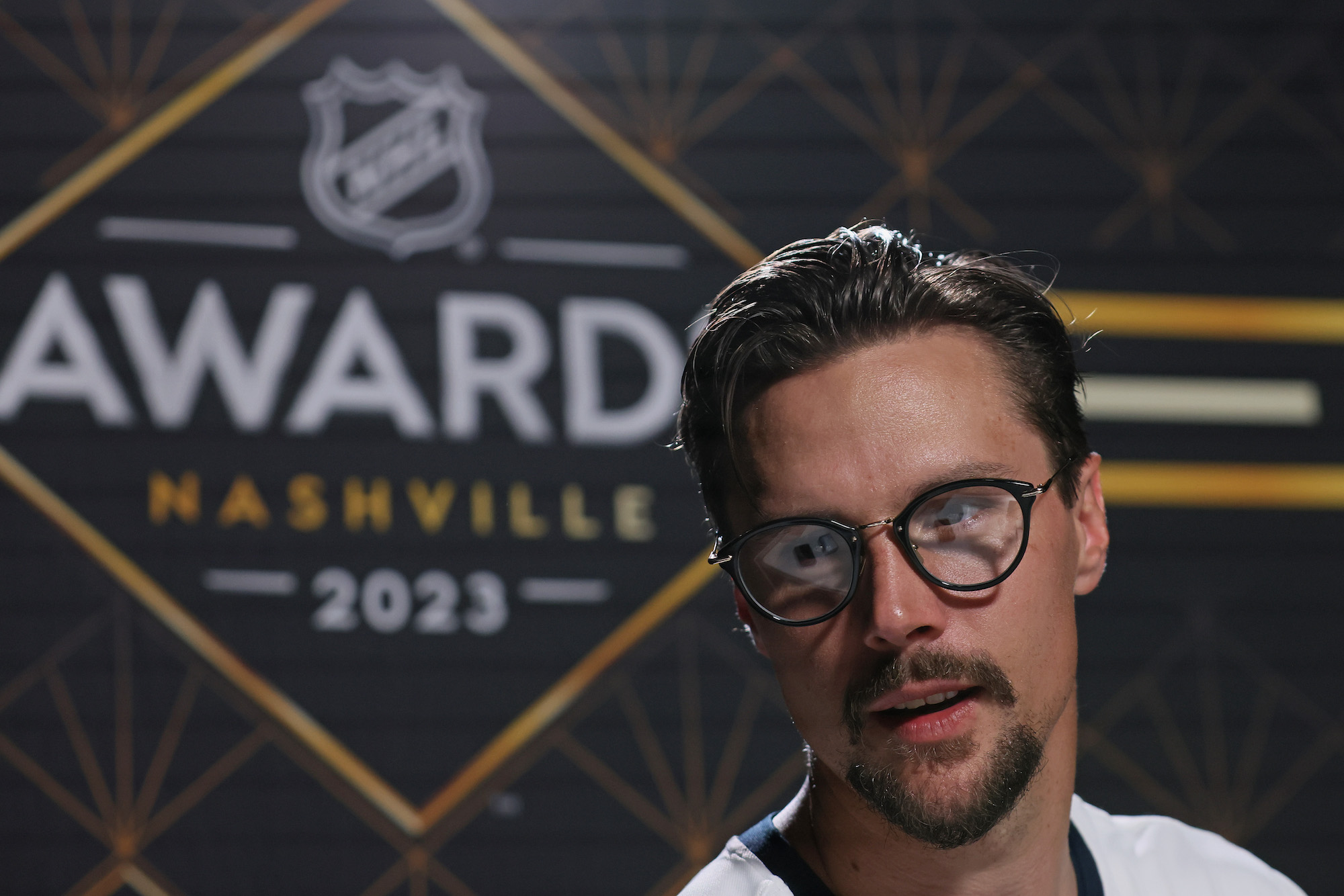 NASHVILLE, TENNESSEE - JUNE 25: Erik Karlsson of the San Jose Sharks speaks with the media at the 2023 NHL Awards player availability at the Bridgestone Arena on June 25, 2023 in Nashville, Tennessee. (Photo by Bruce Bennett/Getty Images)