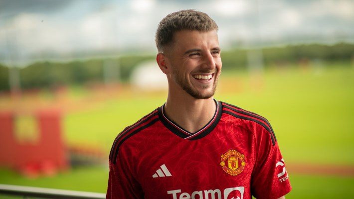 Mason Mount of Manchester United poses after signing for the club at Carrington Training Ground on July 05, 2023 in Manchester, England.