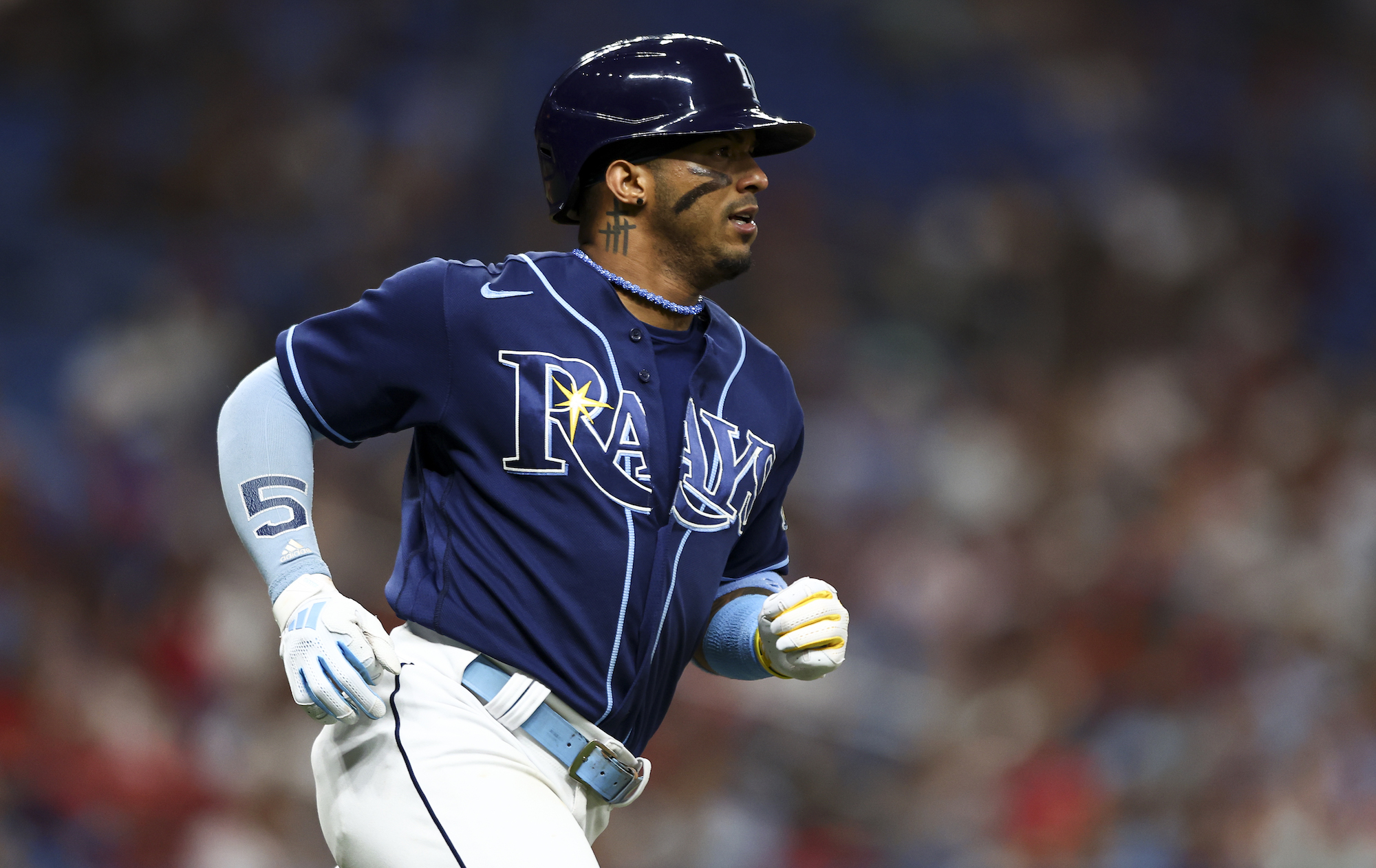 Wander Franco #5 of the Tampa Bay Rays runs to first base during a game against the Philadelphia Phillies