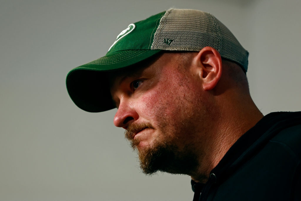 Offensive coordinator Nathaniel Hackett of the New York Jets talks to reporters after the teams OTAs at Atlantic Health Jets Training Center on June 9, 2023 in Florham Park, New Jersey.
