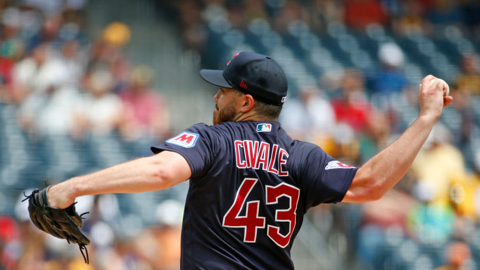 Aaron Civale #43 of the Cleveland Guardians pitches in the first inning against the Pittsburgh Pirates during inter-league play at PNC Park on July 19, 2023 in Pittsburgh, Pennsylvania.