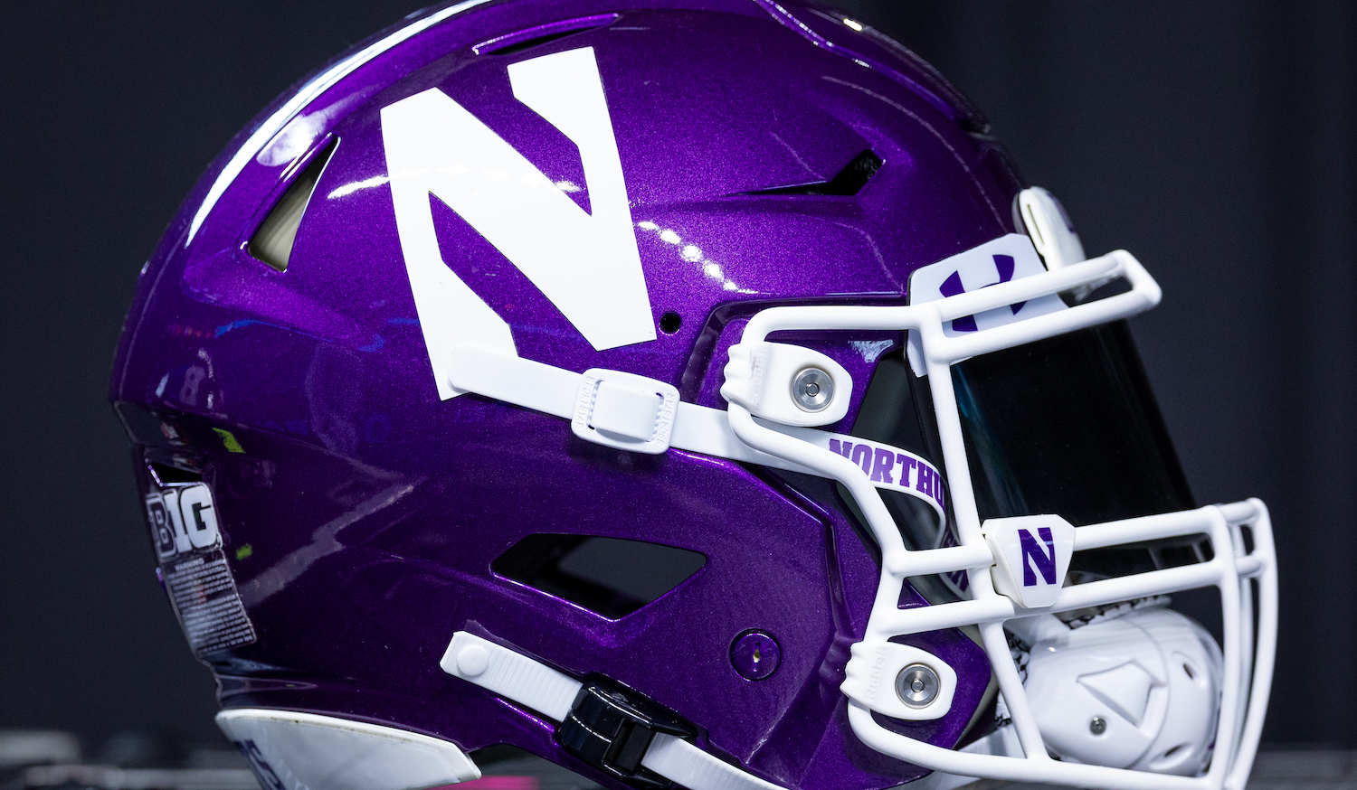 INDIANAPOLIS, INDIANA - JULY 26: A Northwestern Wildcats helmet is seen at Big Ten football media days at Lucas Oil Stadium on July 26, 2023 in Indianapolis, Indiana. (Photo by Michael Hickey/Getty Images)
